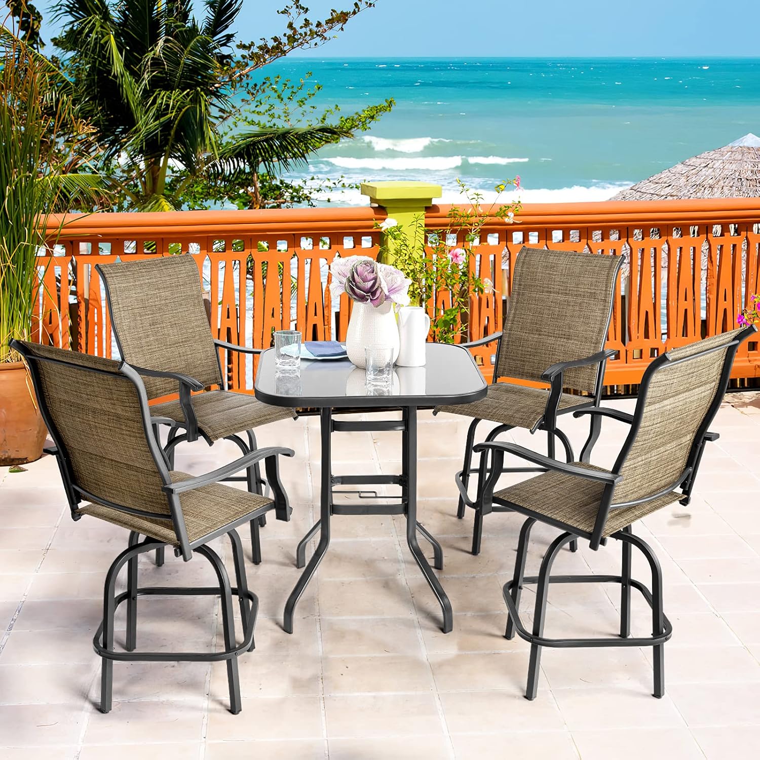 Aoxun Outdoor Patio Bar Sets - Updated Swivel Stools with High Back and Setas with Cotton Foam, 4 Textilene 360° Swivel Chairs with 1 Glassed Top Table, 5 Pieces Outdoor Furniture Set, Brown : Patio, Lawn & Garden