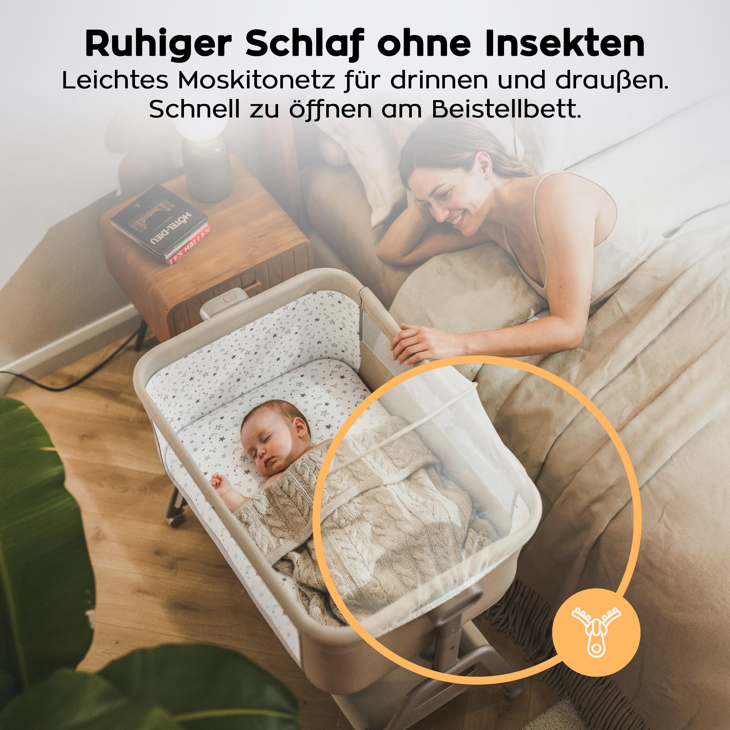 TULANO Dream 50 3in1 Beistellbett Baby mit Rollen - Babybett - Reisebett | mit matratze - höhenverstellbar - bis 9kg - Neigbare Liegefläche - Mit Moskitonetz und Aufbewahrungskorb - Beige
