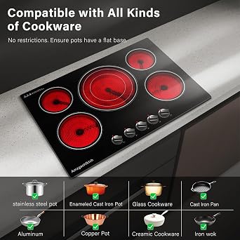 30 Inch Built-in Electric Cooktop 5 Burner, 9000W, 220V Hardwired
