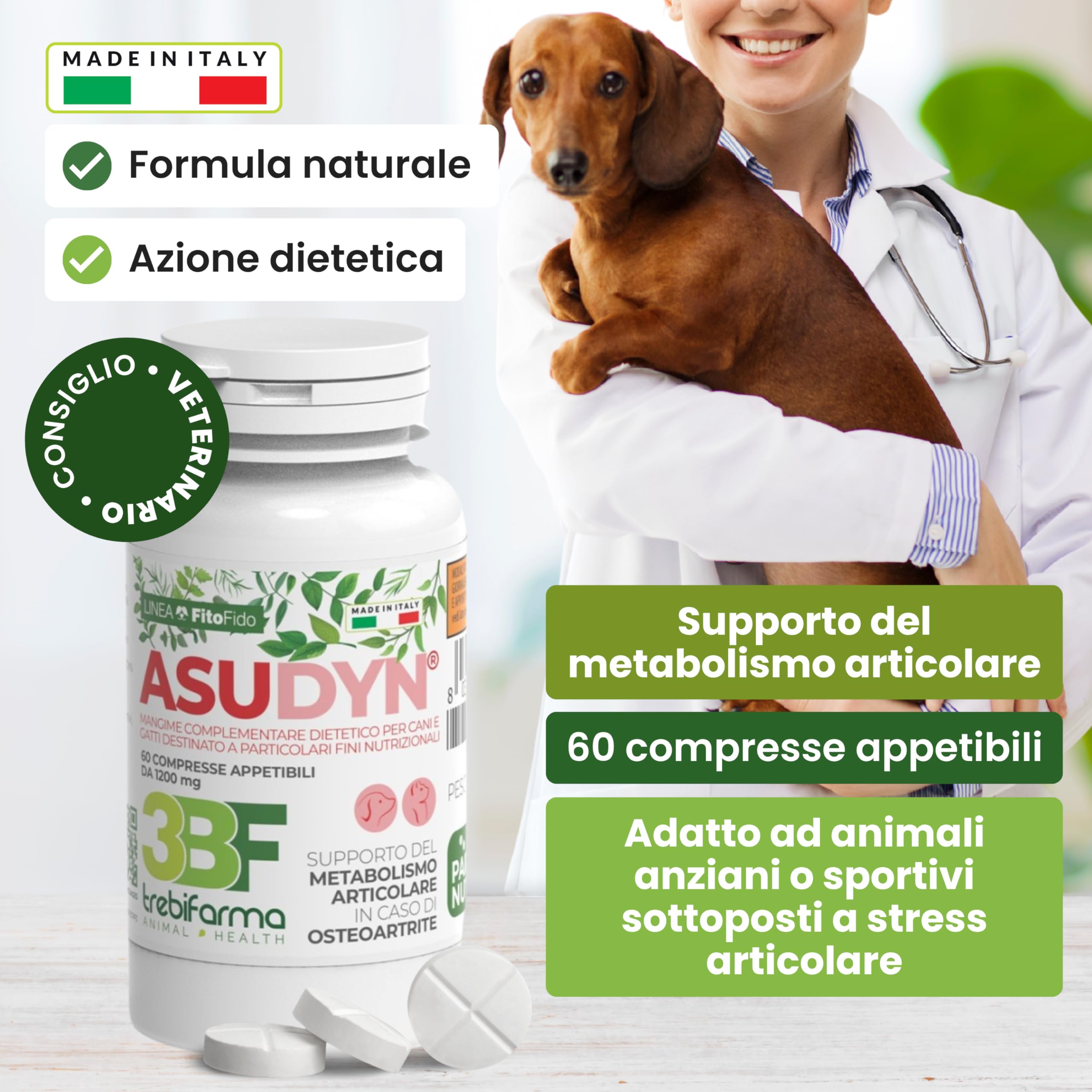 Trebifarma Asudyn per Cani - Supporto Naturale per Articolazioni e Mobilità - Con Boswellia, Curcuma, Artiglio del Diavolo, Omega 3 e Vitamine - 60 Compresse Appetibili
