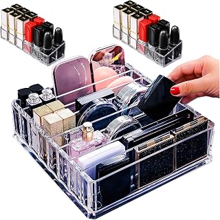 Seitop Acrylic Makeup Palette Organizer 8 Spaces Eyeshadow Pallet Cosmetics Organizers Clear Makeup Drawer Organizer and Storage with 2 Lipstick Holder, Removable Dividers for Drawers Vanity