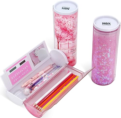 Miniatura 7 de NBX NewmeBox Estuche multifuncional con arenas movedizas, calculadora, espejo, bolsa transparente para bolígrafos, lindo organizador de escritorio,