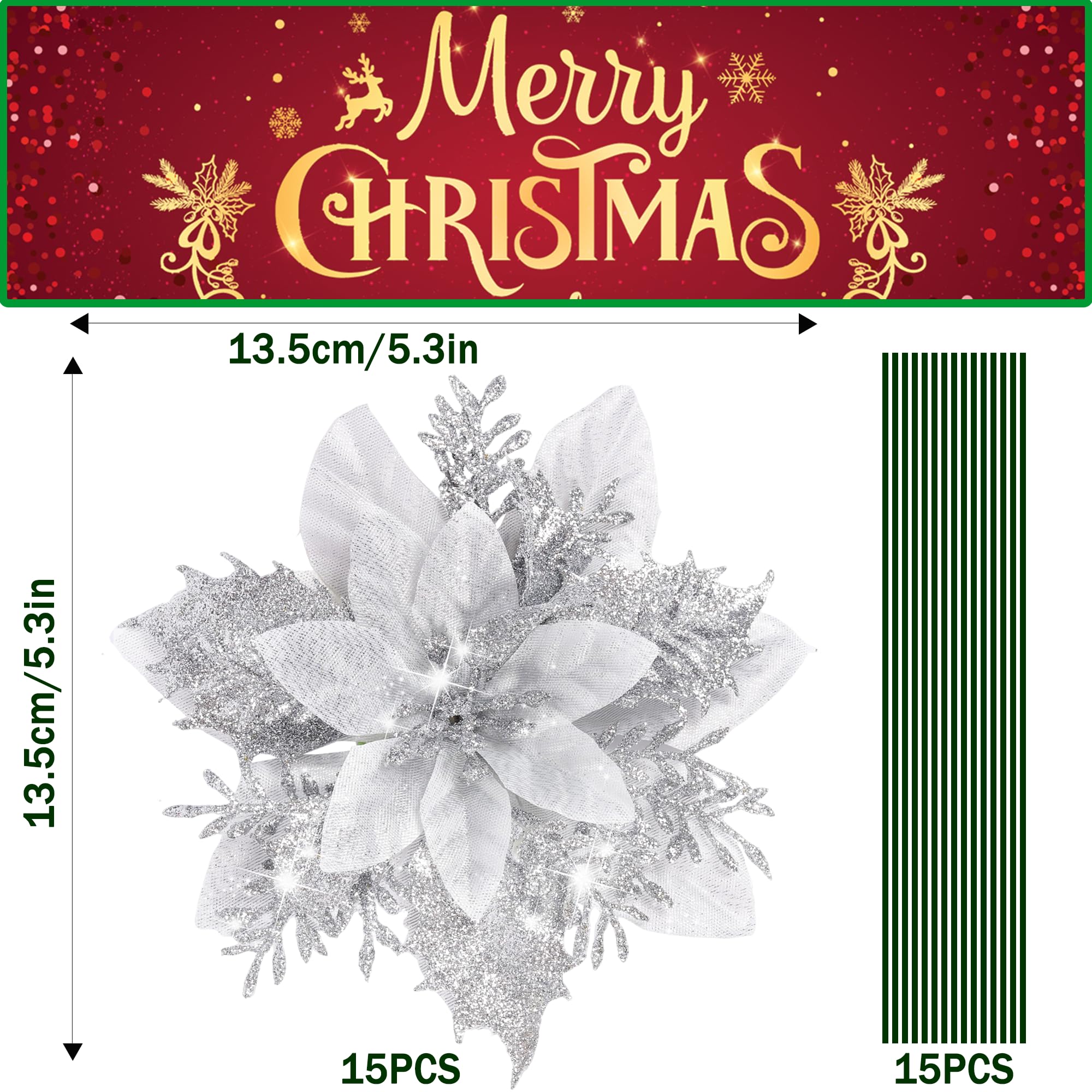TIYCNIY 15 Pieces Glitter Poinsettia Christmas Decorations,Artificial Flowers Christmas Tree Ornaments,for New Year Wedding Xmas Wreath Home Party Decor (Silver) - Image 2