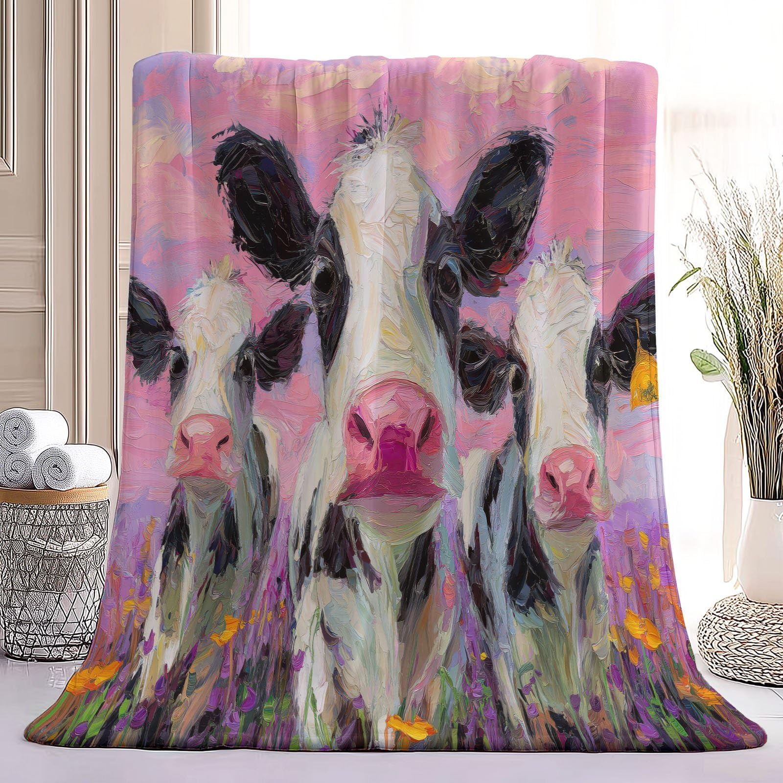 Ländlich Zeitgenössisch Kuscheldecke Kuh Blumen Feld Decke Tagesdecke Wohndecke Rosa, Couchdecke Weich Warm Flauschig, Sofa Decke für Reisen Zelten Outdoor, 150 x 200 cm
