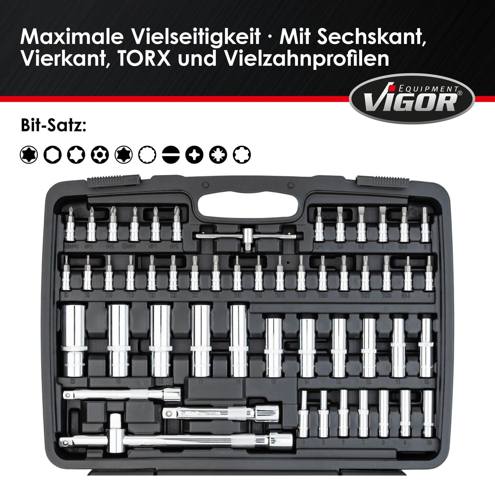 ViGOR Steckschlüsselsatz V2461 I 172-teiliges Werkzeug-Set, Antrieb: Sechs- und Vierkant, Abtrieb-Profile unter anderem: Innen- und Außen Sechskant, Kreuz- Schlitz und Pozidriv