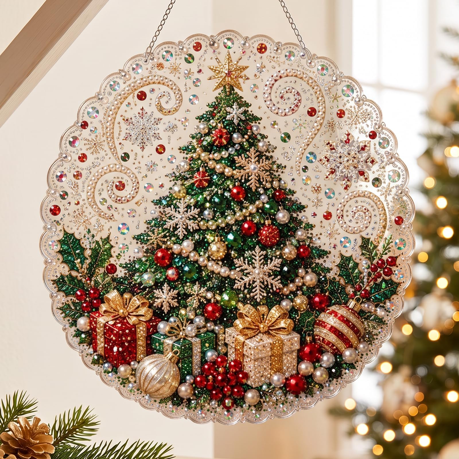 cdsnxore Christmas Pearl Diamond Painting Art Kit, (8in) | Pre-Assembled Metal Chain (373)