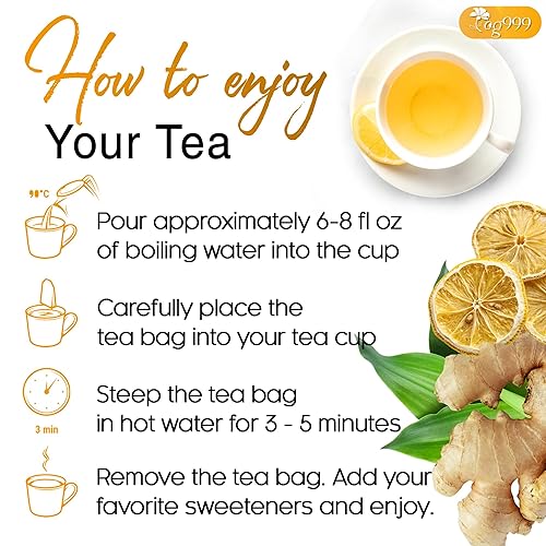 Miniatura 9 de TOG999, Bolsas de té de jengibre y limón de primera calidad  60 bolsas de té  Mezcla de hierbas refrescante con cítricos brillantes y jengibre