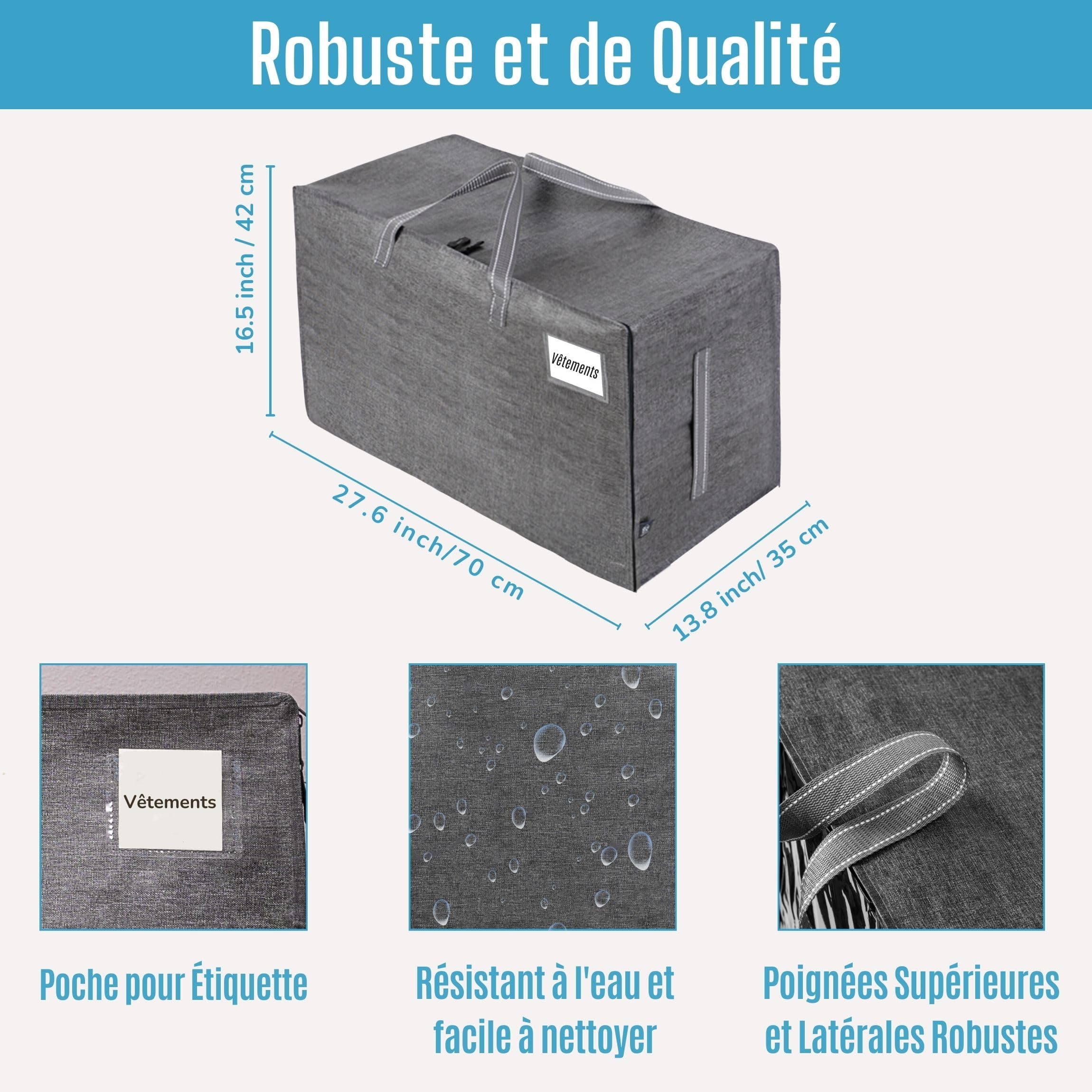 VENO Lot de 4 Grands Sac de Rangement avec Couvercle et Poignées Renforcées, Cartons Déménagement de 102 L Résistant pour Rangement des Vêtements et voyages, Sac à Linge (Gris, Lot De 4)