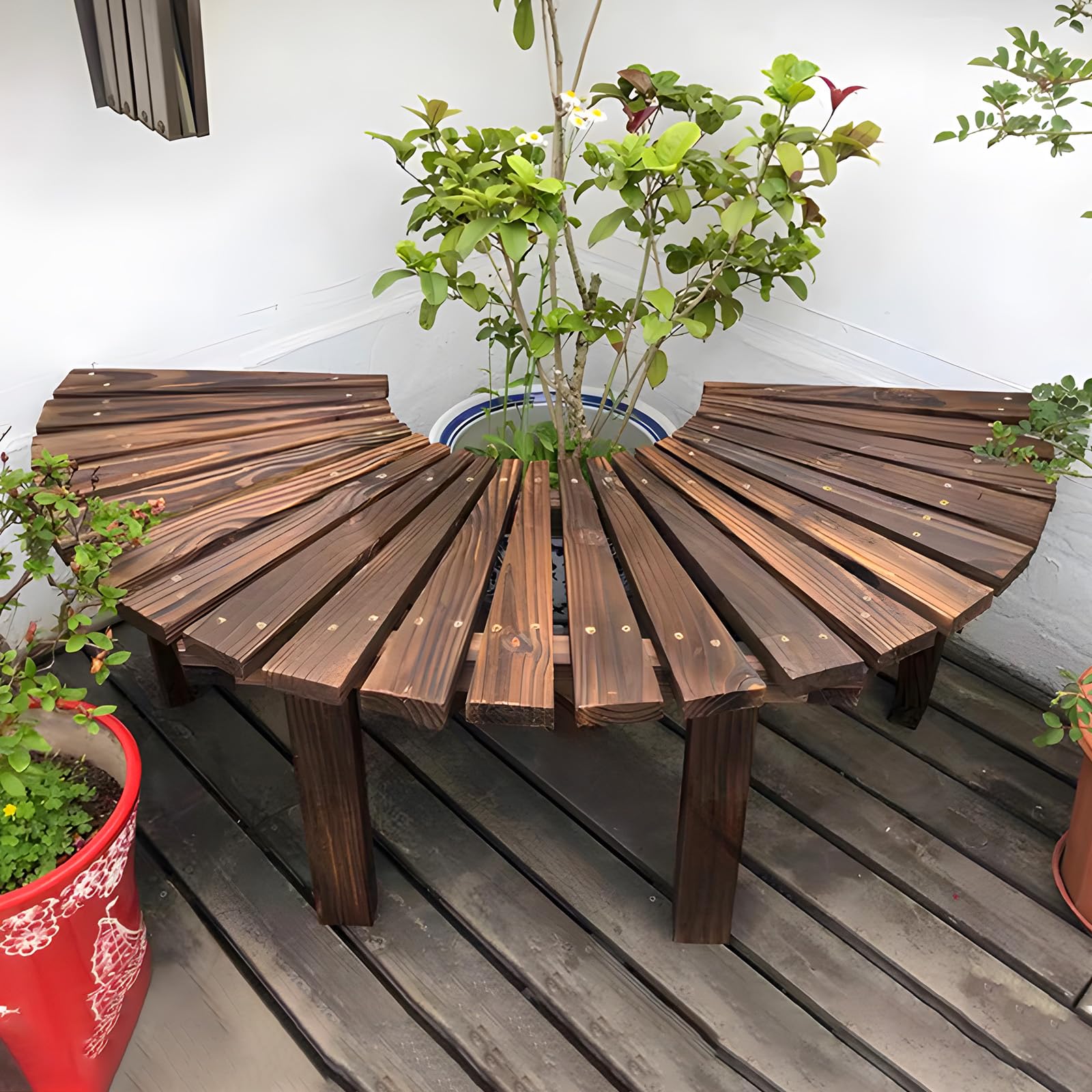 VinLeap Tree Bench Wrap Around, Wooden Curved Benches, Semicircular Design Outdoor Benches for Garden, Lawn, Patio & Backyard, Strong Bearing Capacity