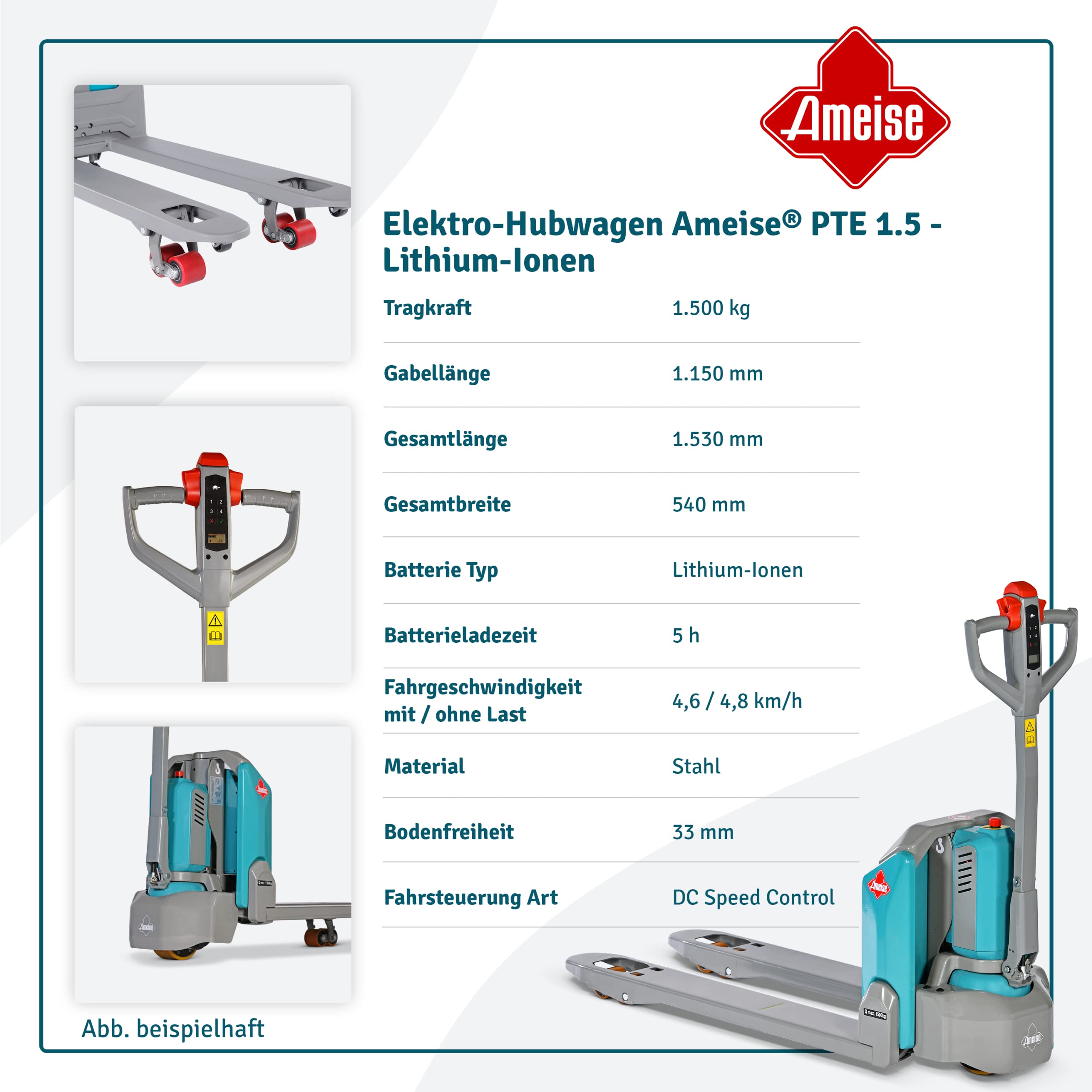 Ameise Elektro-Hubwagen PTE | 1.500 kg Tragkraft | 1.150 mm Gabellänge | Lithium-Ionen-Batterie 24 V / 36 Ah mit Ladegerät | 5 h Ladezeit | Multi-Funktionsdeichselgriff | Hubwagen elektrisch