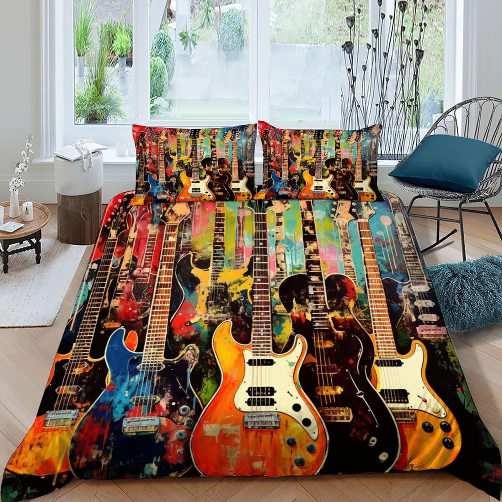 Guitare housse de couette 220x240 parure de lit musique microfibre King 3 pièces