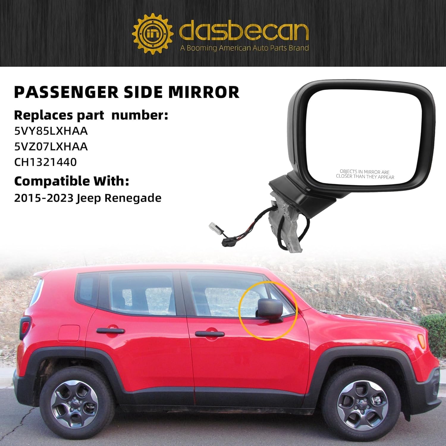 Dasbecan Passenger Side Door Mirror Compatible with 2015-2023 Jeep Renegade Heated Manual Fold Power Glass Temperature Sensor Right Mirror Replaces# 5VY85LXHAA (5+2Pins）