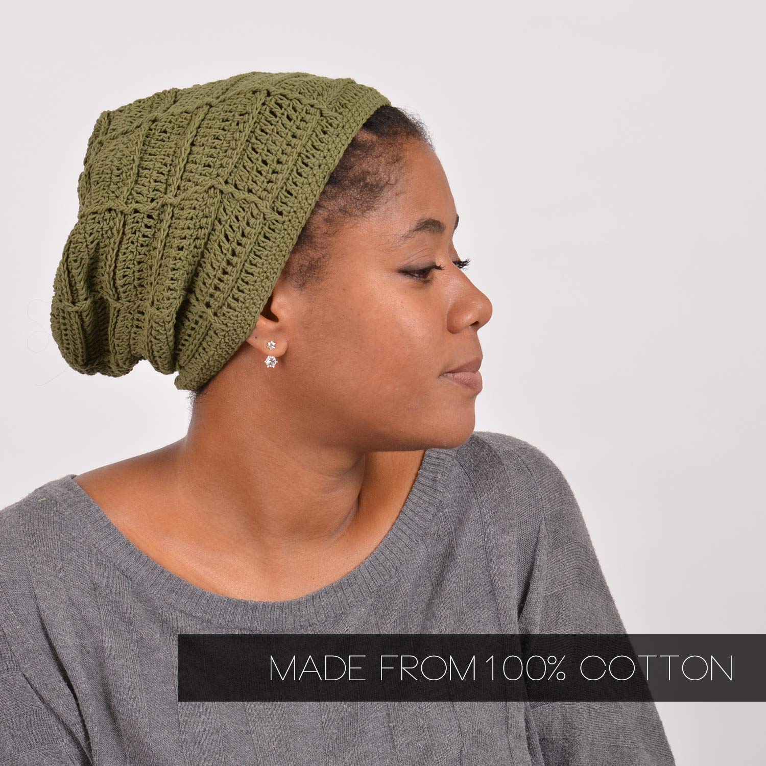 CHARM Mens Summer Beanie Cotton - Womens Crochet Slouch Cap Hand Made Chemo Hat Ivory