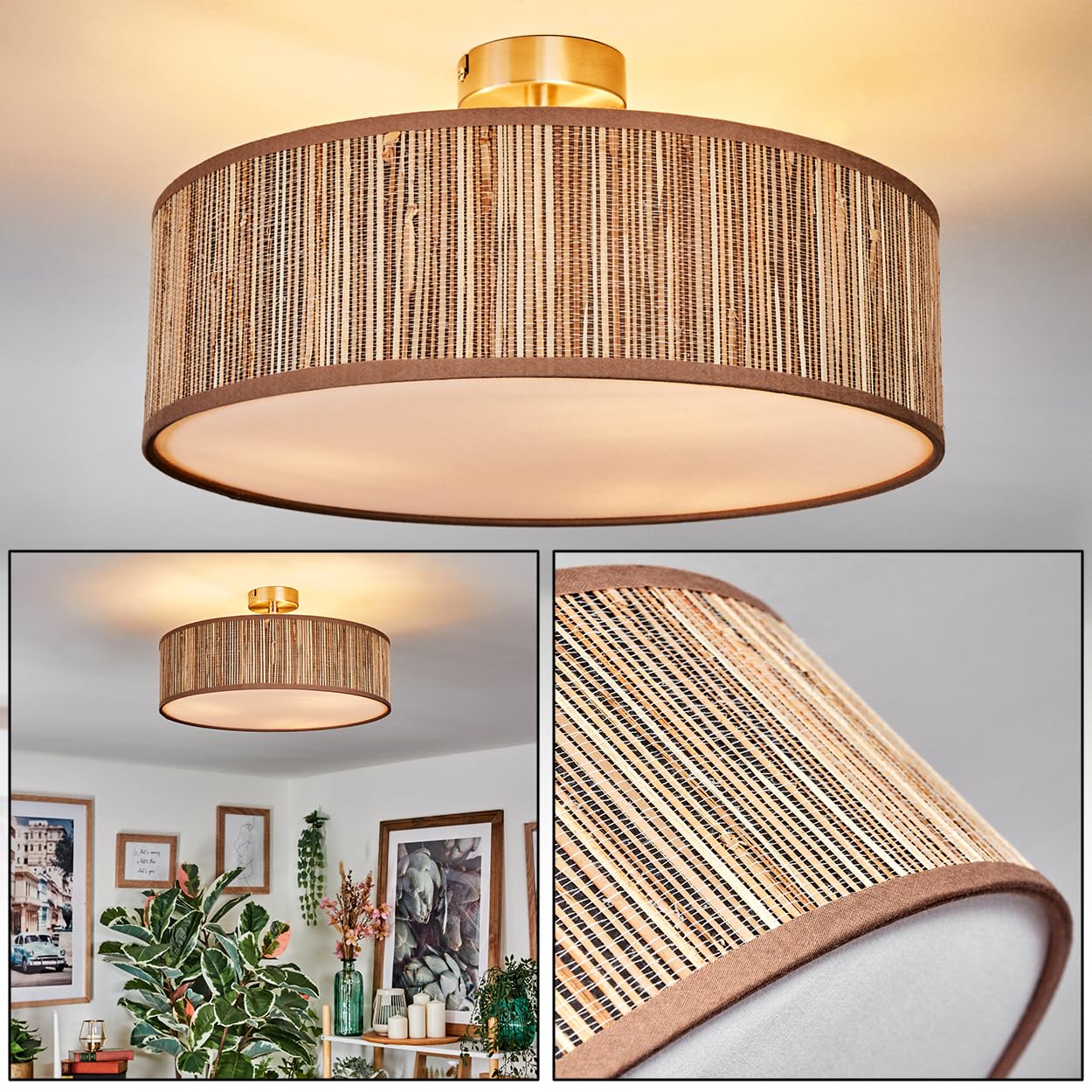 Plafonnier Foggia de HOFSTEIN, en métal/jonc de mer/tissu/plastique en nickel mat/naturel/marron/blanc, lampe bohème ronde (Ø 40 cm), E27, salle à manger, salon, chambre à coucher, cuisine, couloir