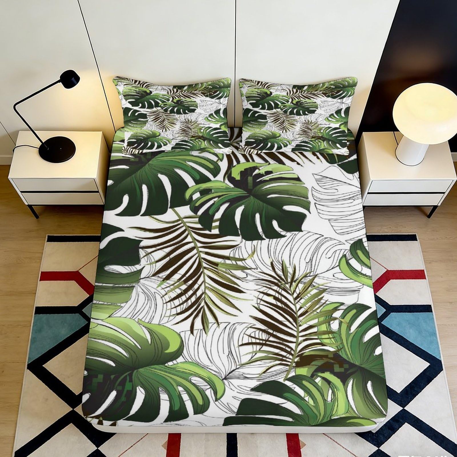 3D Printed Tropical Leaf Fitted Sheet Microfiber Soft Breathable Jungle Palm Bed Cover for Bedroom Dorm Mattress Protection Decor 90x200x25cm