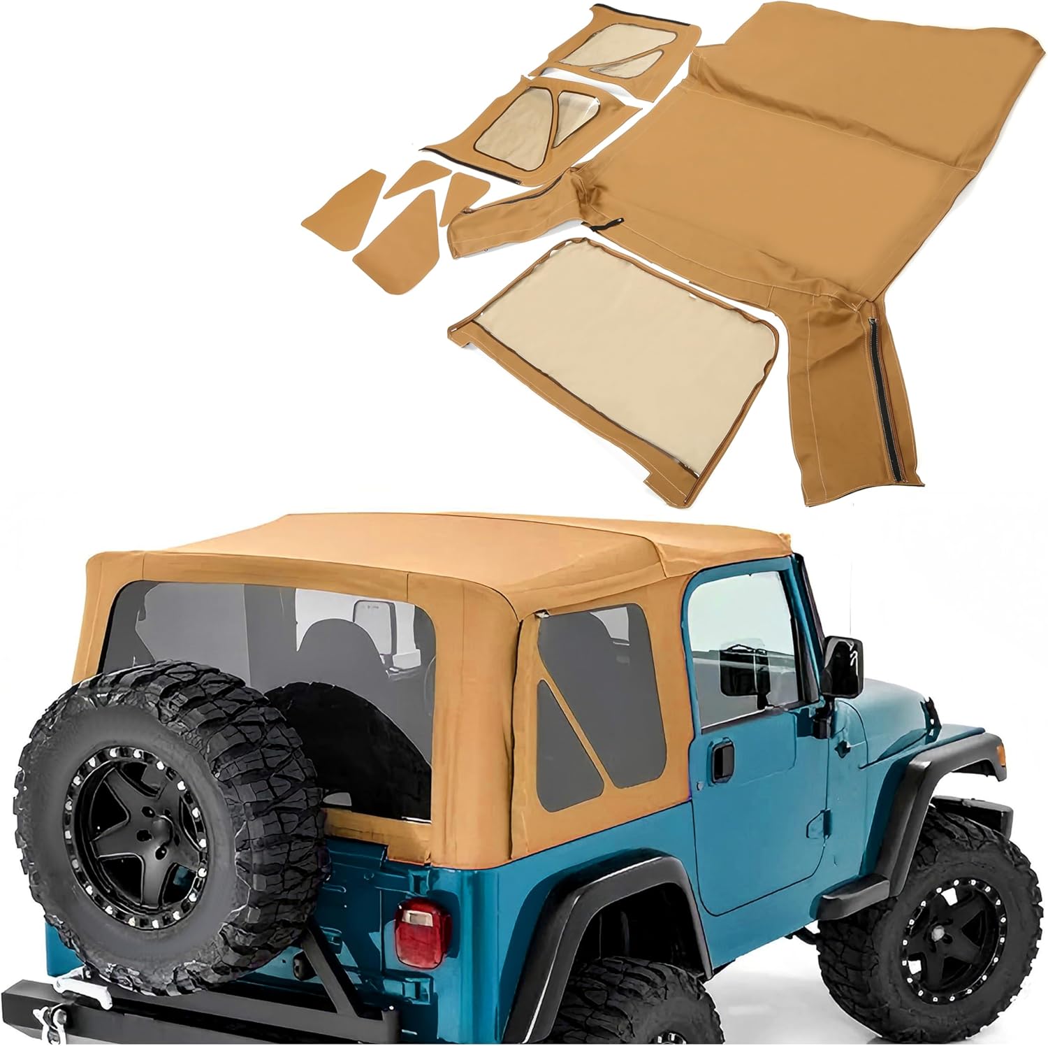 KUAFU Replacement Soft Top Compatible with 1997-2006 Jeep Wrangler TJ 2 Door, Sailcloth Vinyl Roof with Removable Side and Back Window Spice Top Cover (No Door Skins)