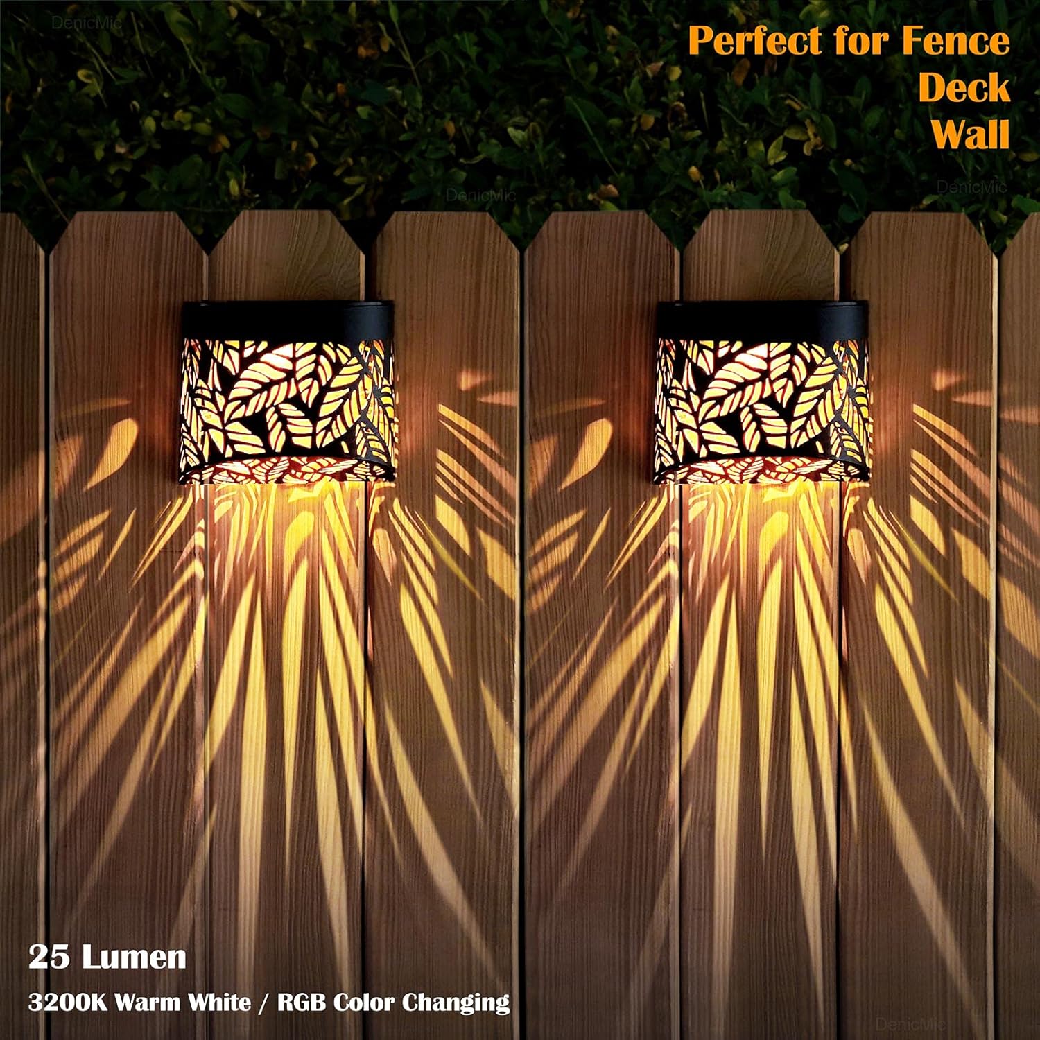 DenicMic Solar Wall Lights Outdoor 4 Pack Fence Solar Lights Led Waterproof Deck Lighting for Patio Pool Step Front Door, Metal Leaf Fence Decoration, Warm White/Color Changing
