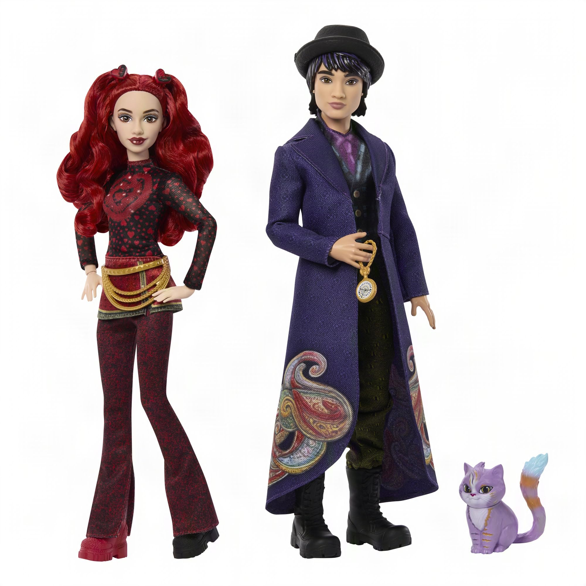 Mattel Disney Descendants: Wicked Wonderland Red y MAX Muñecas Fashion | Set de 2 muñecas fashion Red y Max, ropa intercambiable, incluye gato y reloj de bolsillo, JMP50