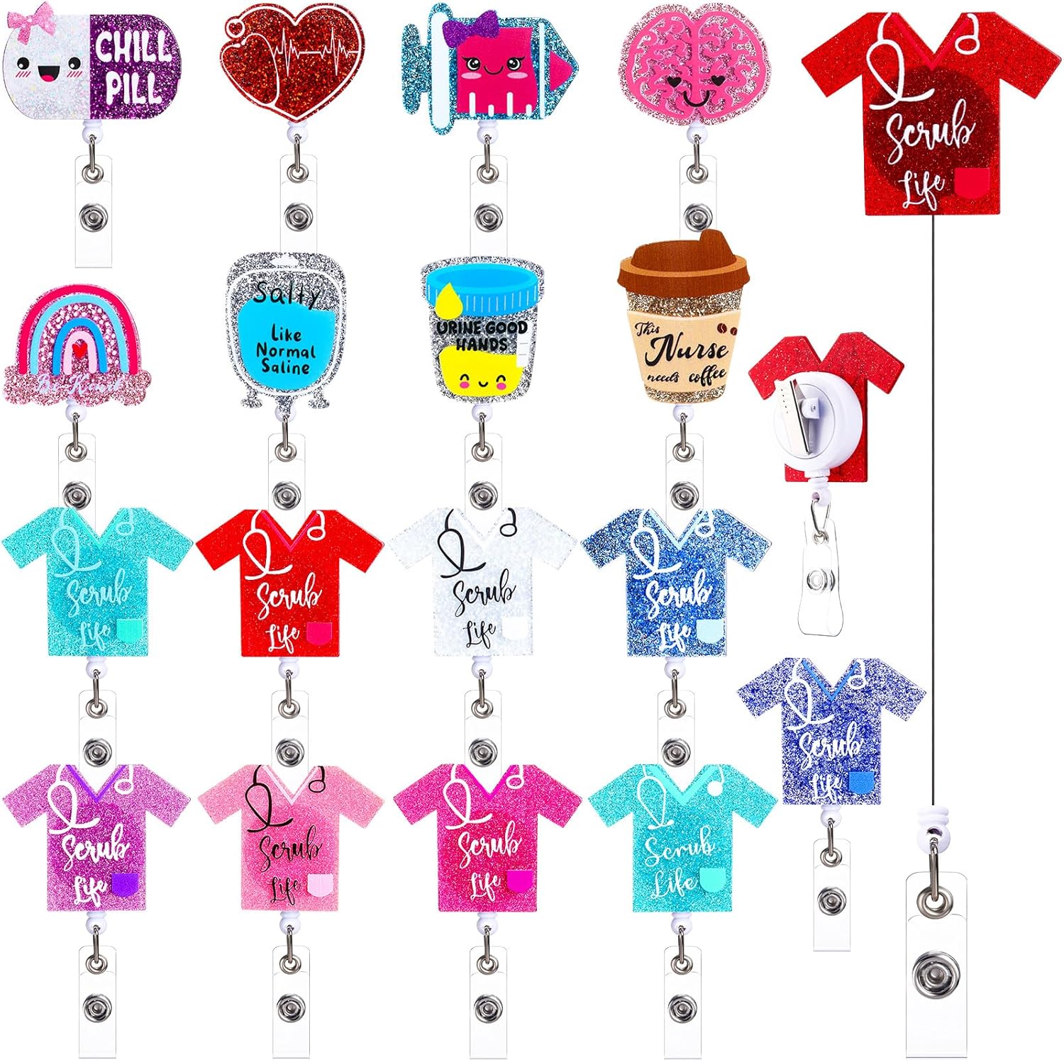 Quelay 18 Pcs Funny Nurse Badge Reel Acrylic Nursing Badge Holders Retractable Medical Reels Holders Cute ID Name Holder Clips for Nurses Student Doctor Office Gift Supplies(Scrub Life Fun)