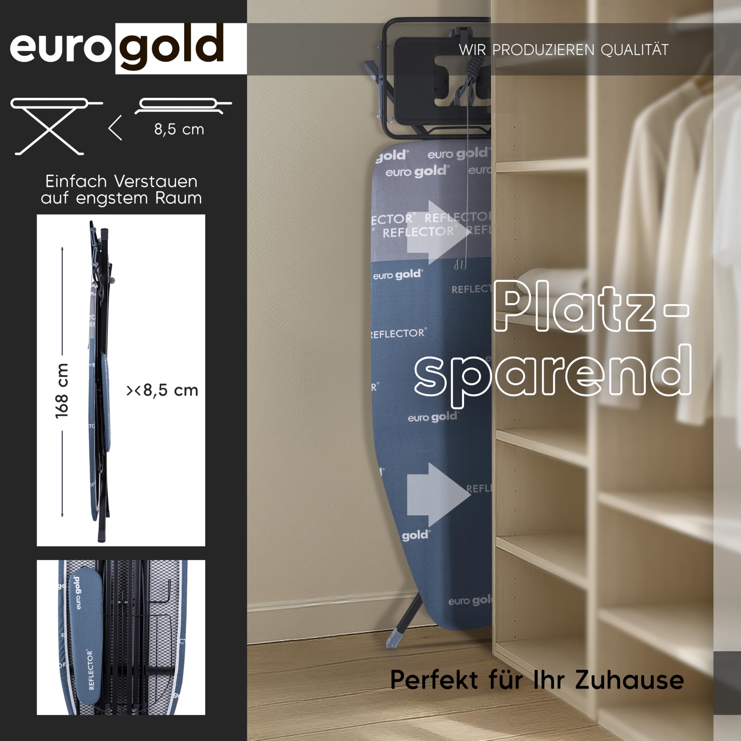 EUROGOLD Bügelbrett für Dampfbügelstation 130x48 cm – Bügelbrett XXL mit Steckdose, höhenverstellbarer Bügeltisch klappbar, mit Ärmelbrett & Bügeleisenablage, Reflektor-Bezug (Sydney Grey)