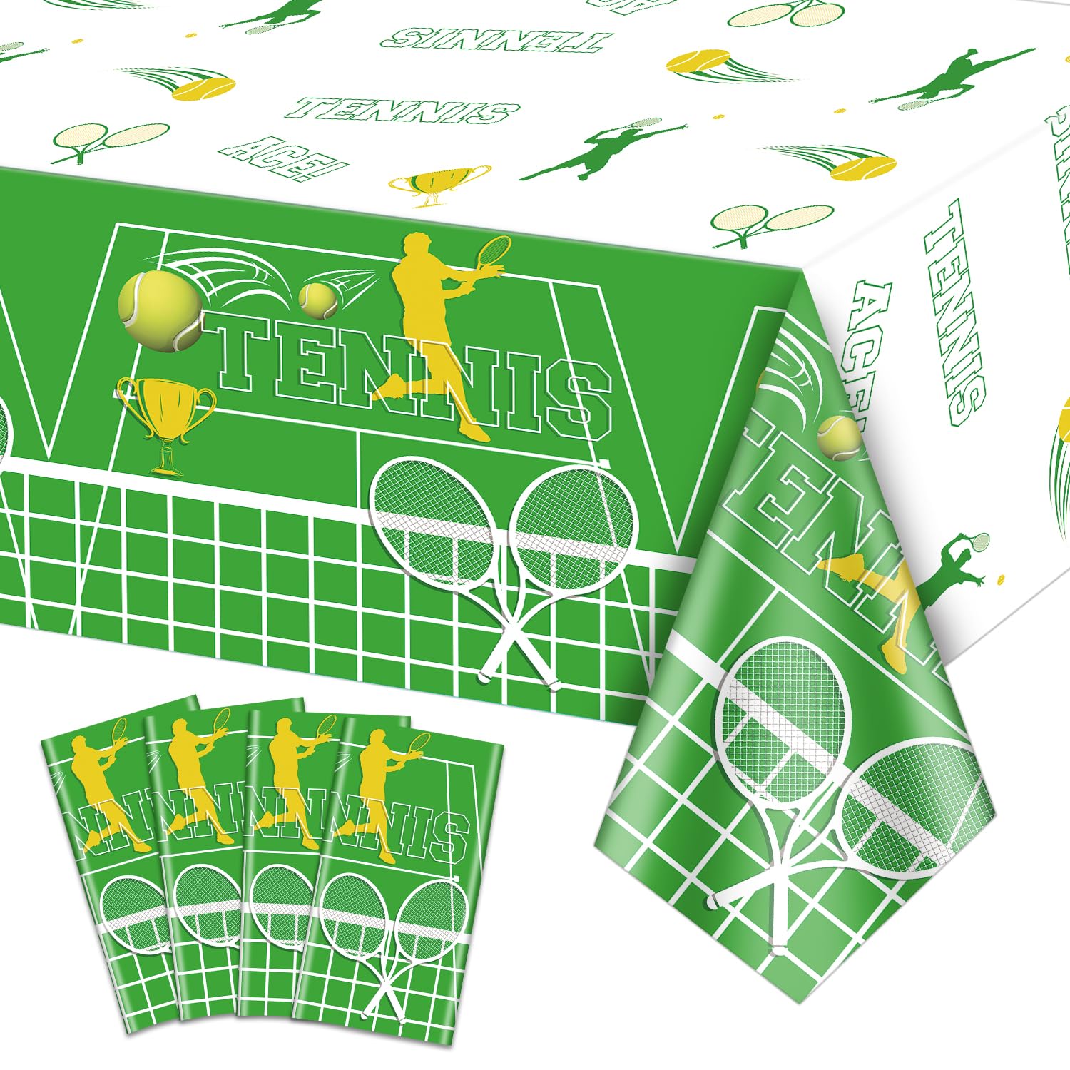 QUERICKY 4 Pack Tennis Party Tablecloths, Tennis Theme Birthday Table Cover, 130x220cm Rectangle Tennis Party Table Covers for Men Women Kids Birthday Party Tennis Theme Party Decorations