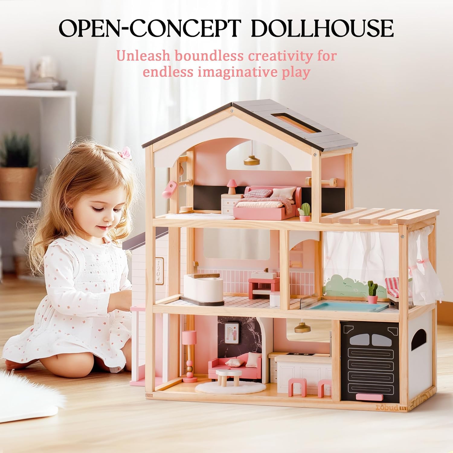 ROBUD Doll House, Wooden Dollhouse with 6 Rooms, 29-pcs Furniture Set, Working Elevator, Garage, Swimming Pool, Ideal Gift for Kids Ages 3+ (Black)