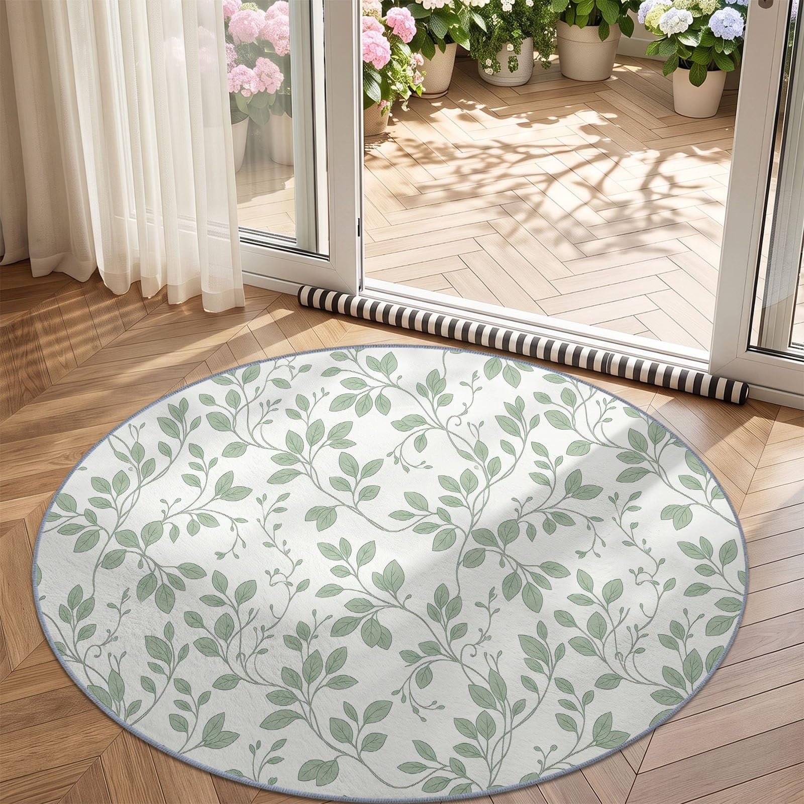 Campagne Minimaliste Tapis Salon 160 cm Feuilles Feuillage Vigne Botanique Vert Blanc Rond Lavable en Machine | Chambre Rugs, Descente de Lit Carpets, AntidéRapant, Chambre Carpet, Doux Poil Ras
