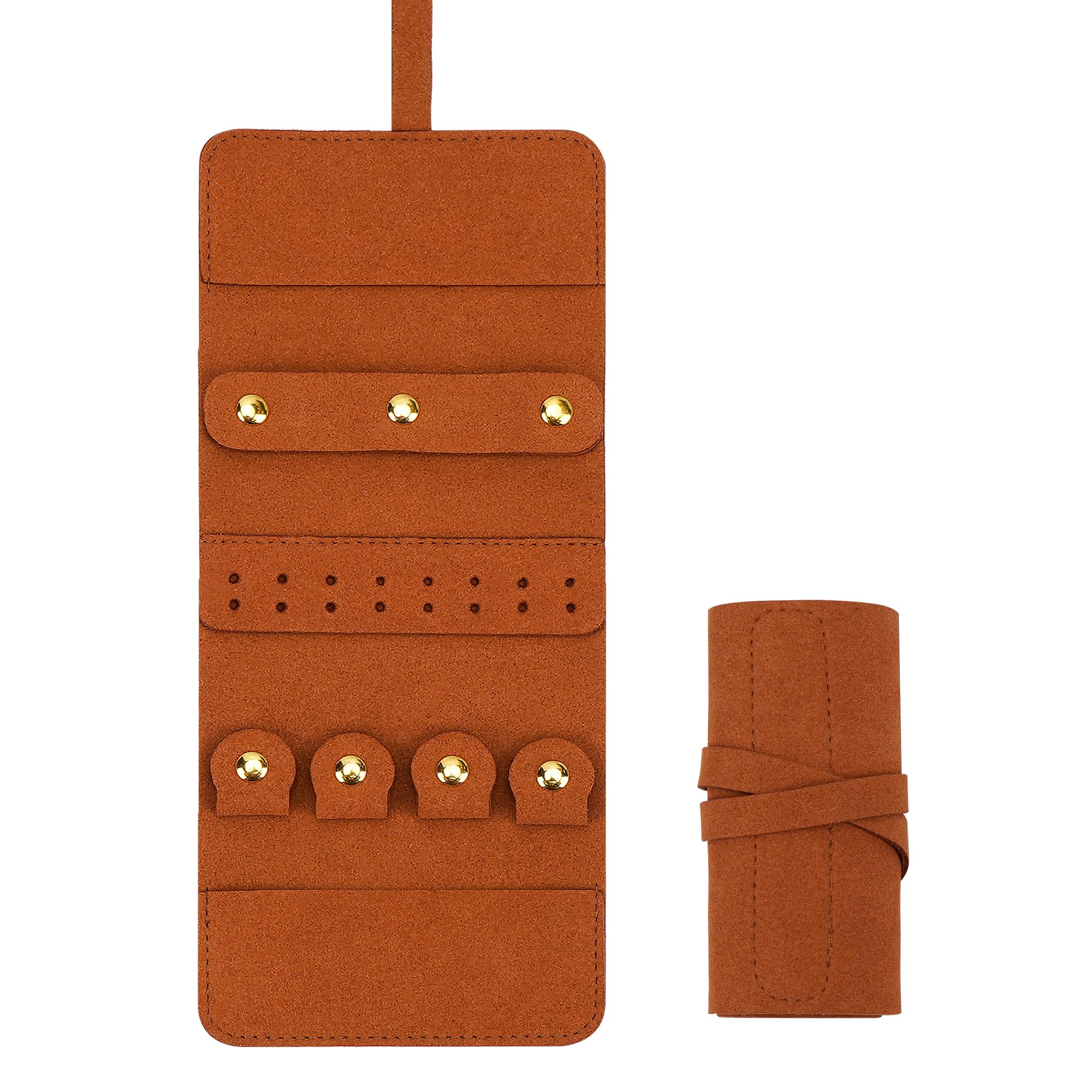JANKOW Multi-Functional Portable Jewelry Roll, Small Travel Jewelry Organizer Roll Bag, Jewelry storage roll for Earrings, Rings, Necklaces, Bracelets (Brown)