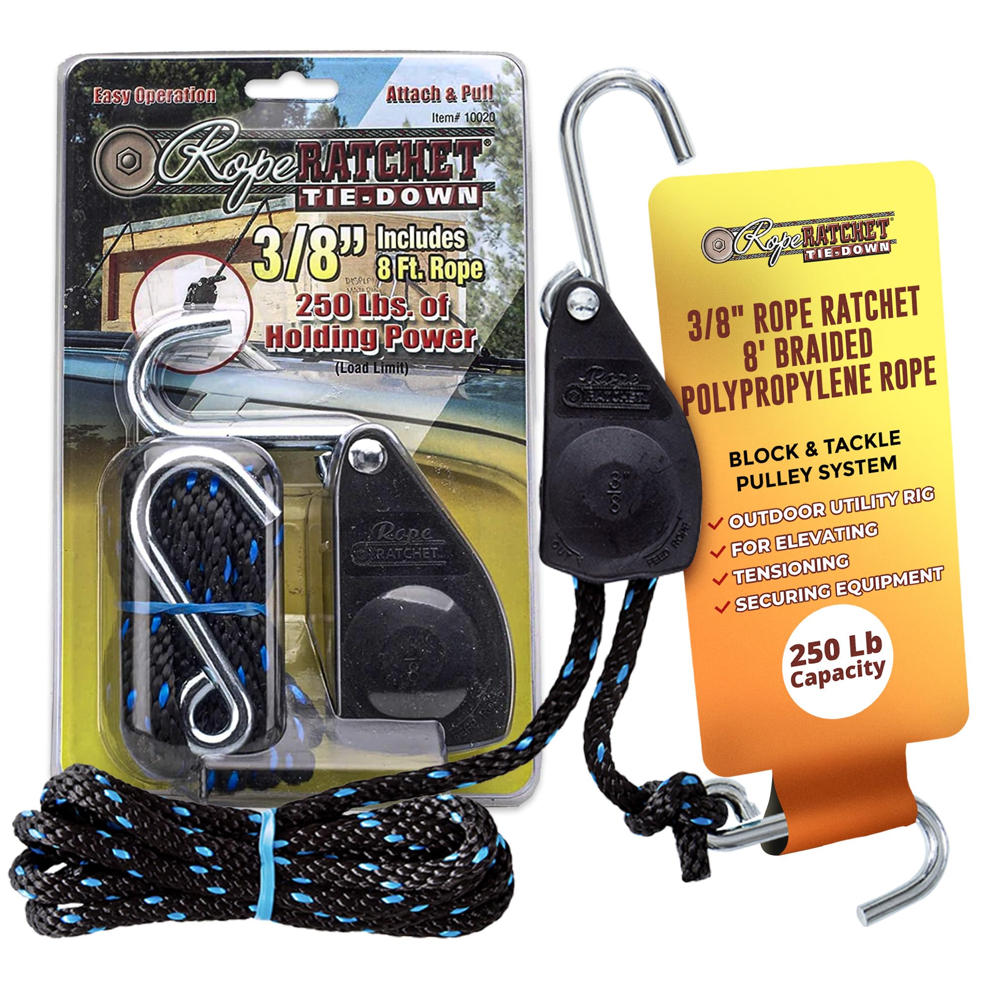 Rope Ratchet 3/8" Block and Tackle Pulley System, Adjustable Hoist for Lifting Gear, Outdoor Utility Rig for Elevating, Tensioning, Securing Equipment, 8' Braided Polypropylene Rope, 250 lb Capacity