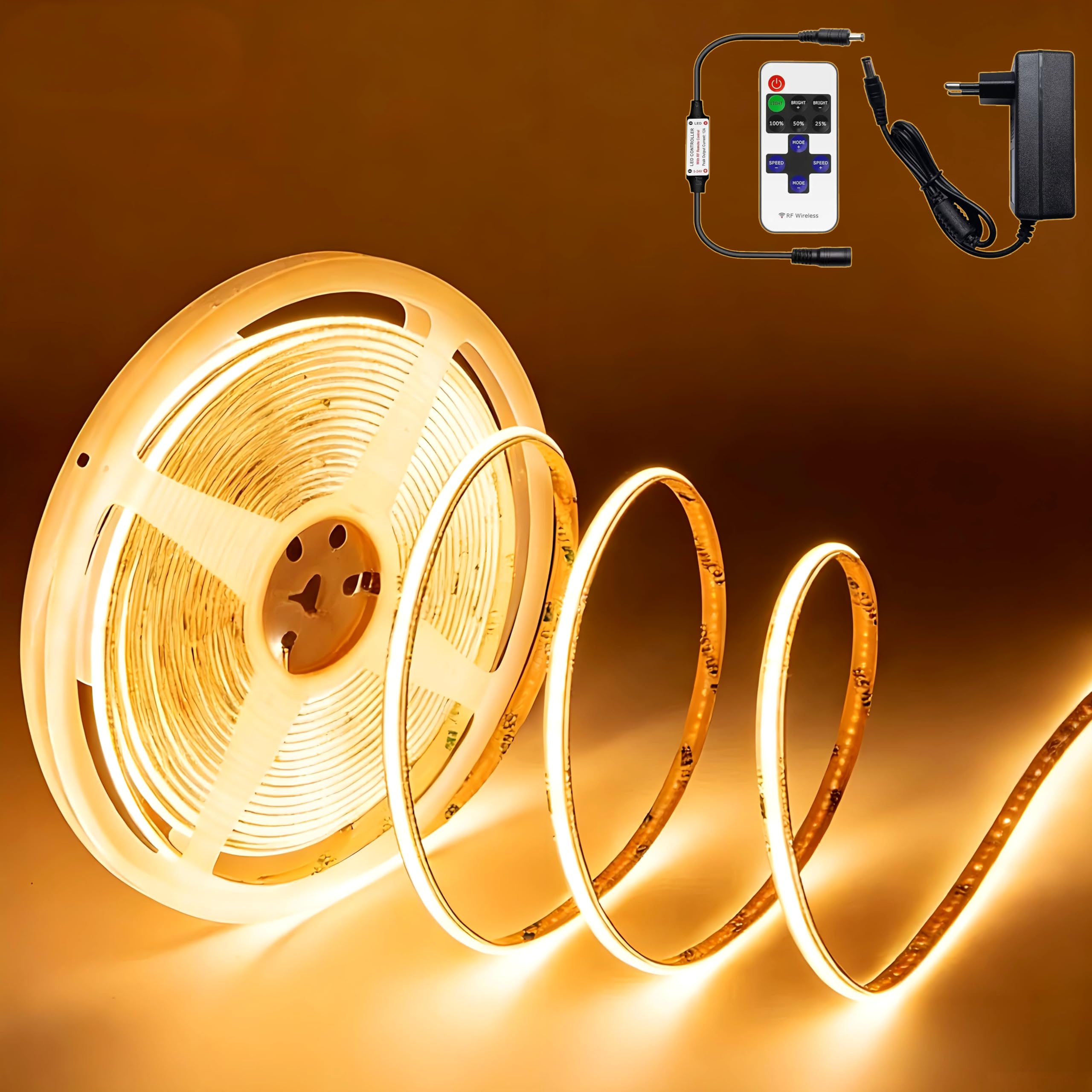 COB LED Streifen 3M, LED Streifen Warmweiß 3000K, 24V Dimmbar Flexibel LED Band licht, 8mm Breite, CRI92, mit RF Fernbedienung und Netzteil, Selbstklebend Kürzbar für Home Dekoration, Schrank, Küche