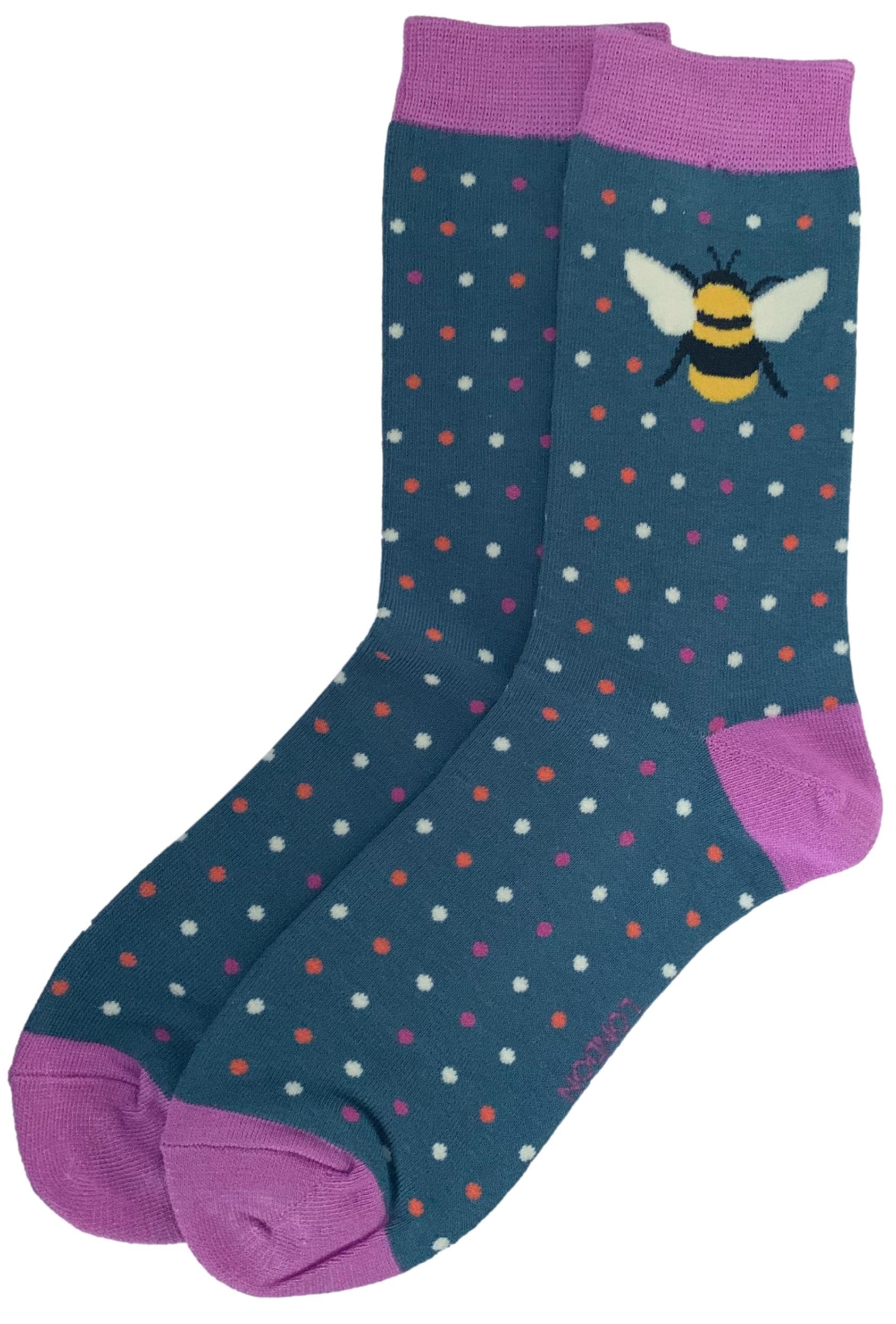 Purple Possum® Bee Socks Ladies Bumble Bees Blue Purple Polka Dot Spotty Bamboo Cotton 4-7 Shoe Size