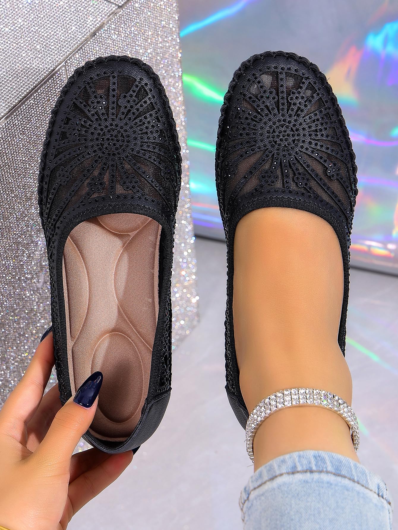 Damen-Slipper mit Strasssteinen, ausgehöhlt, atmungsaktiv, flach | Damen-Slipper mit Blumenmuster, atmungsaktiv, flach, stilvoll und leicht, orthopädische Lederschuhe, elegante Wanderschuhe