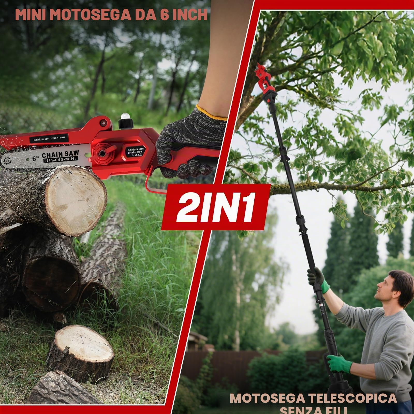WingFly 2-in-1 Mini Motosega a Batteria con Asta Telescopica, 6 Pollici Mini Motosega Senza Spazzole con 4000mAh Batterie, Sistema di olio automatico, fino a 4,5 m di lunghezza di lavoro