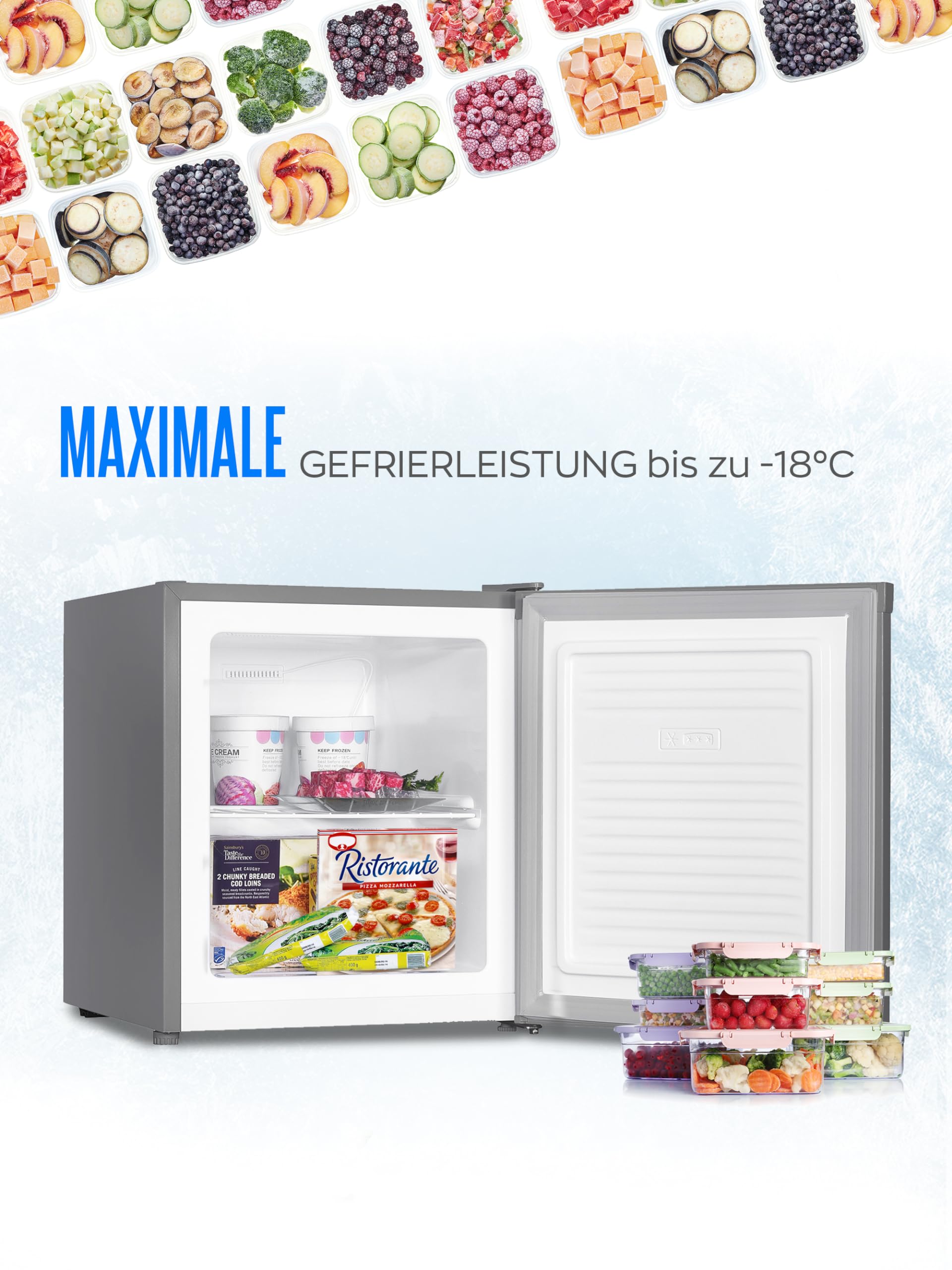 HEINRICHS Mini Gefrierschrank 33L klein kompakt leise:40dB Gefrierbox; wechselbarer Türanschlag; mini Tiefkühltruhe bis zu -18°C,Tiefkühlschrank,perfekt für Büro Camping Outdoor Heinrich´s (inox)