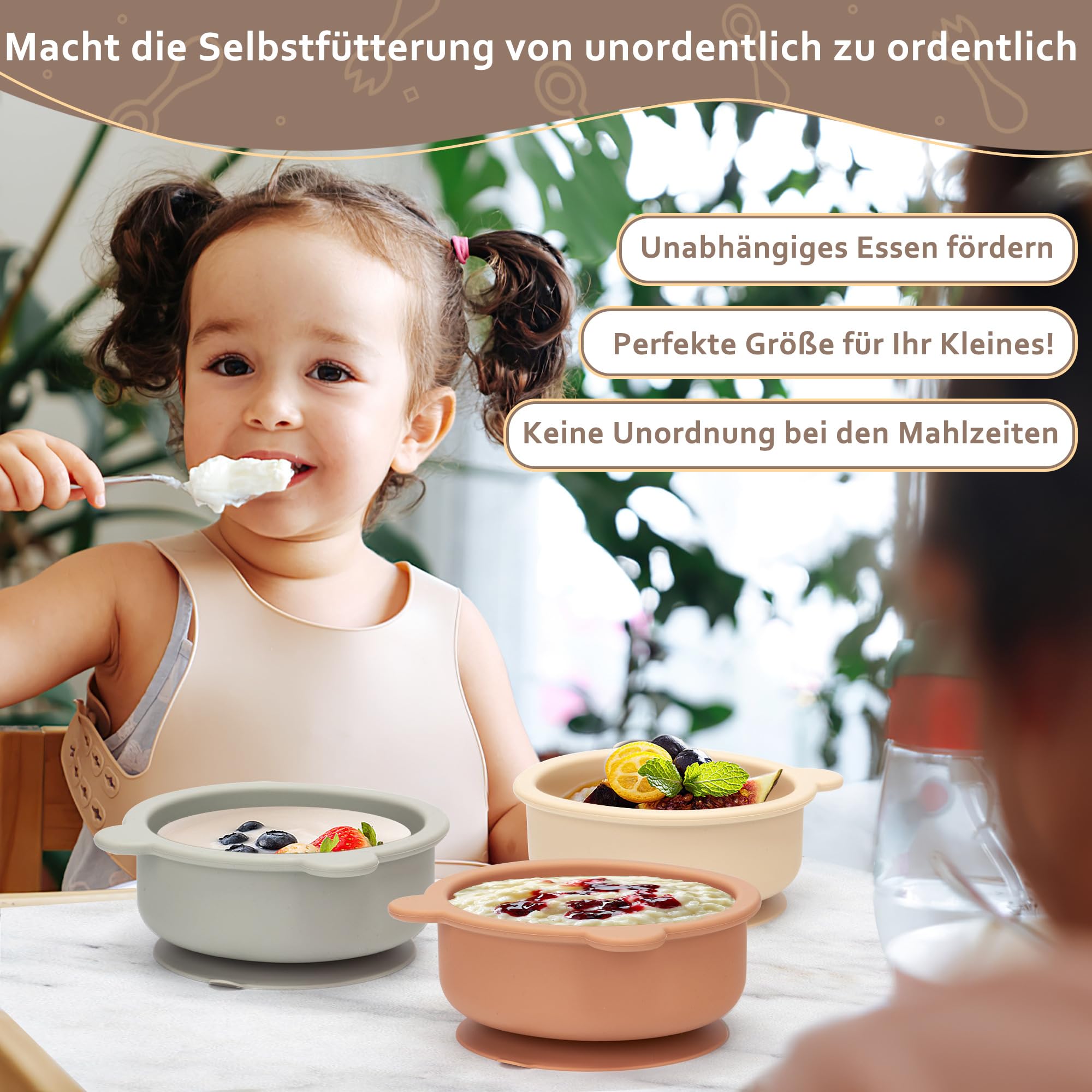 Lot de 3 bols en silicone pour bébé avec ventouse - Antidérapants - Avec aspiration - Passent au micro-ondes - Pour bébé - Sans BPA - Pour enfants et tout-petits, TW-8497