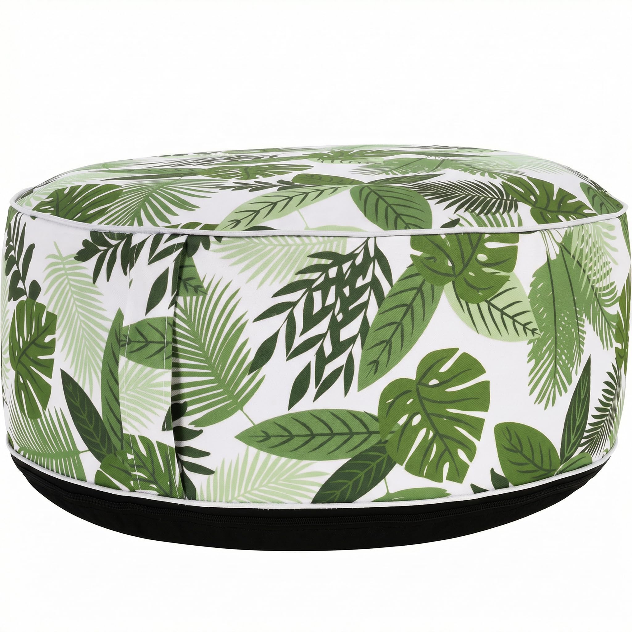 MIJOMA Aufblasbarer Pouf Ø55 x 25 cm – Green Leaves – Leichter Fußhocker für Wohnzimmer und Balkon – wasserabweisend – Sitzhocker und Fußablage