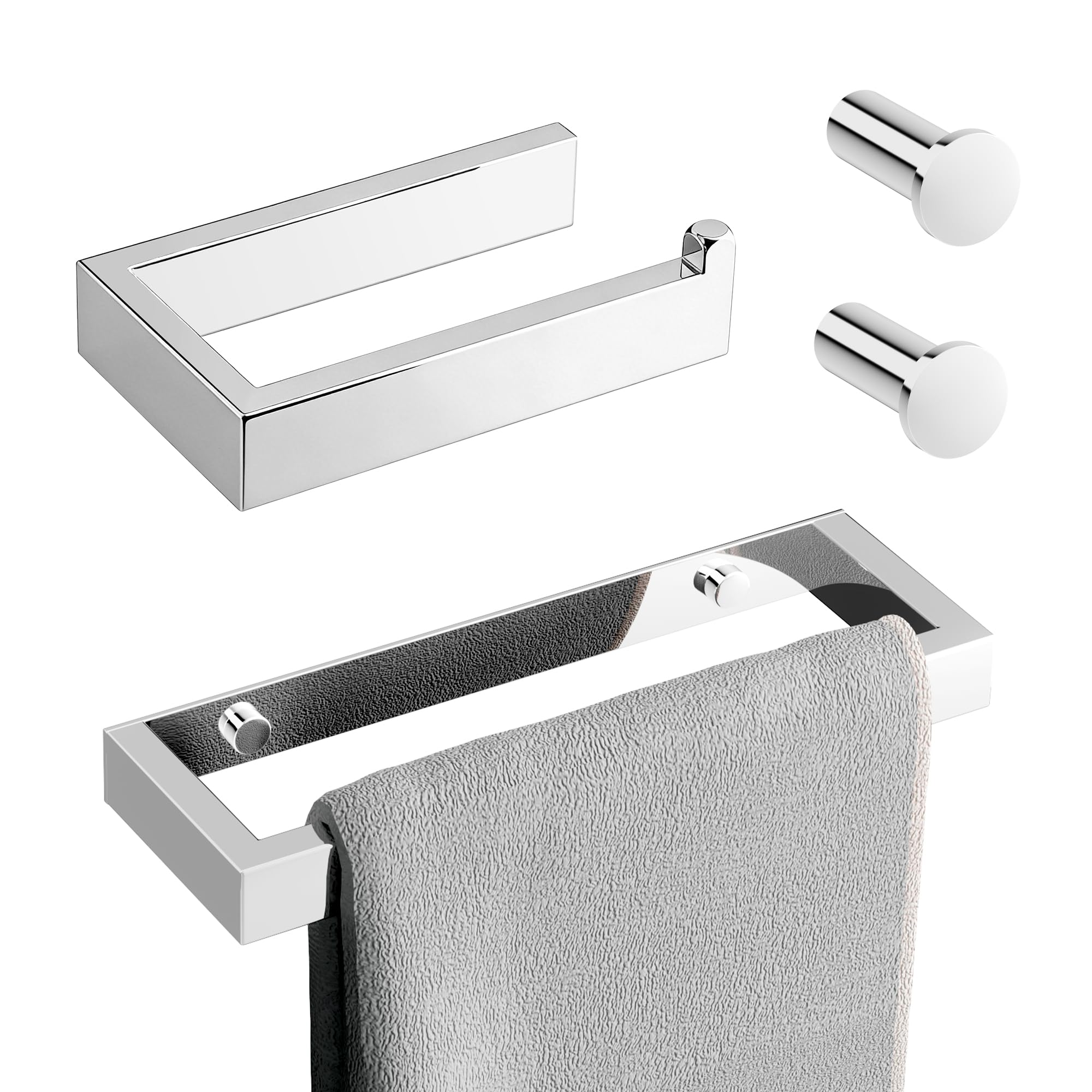 SAYAYO 4-Piece Bathroom Accessory Set 20CM Chrome Towel Rail Hand Towel Holder, 15CM Toilet Roll Holder Wall Mounted and 2Pcs Coat Hooks for Hanging, SUS304 Stainless Steel
