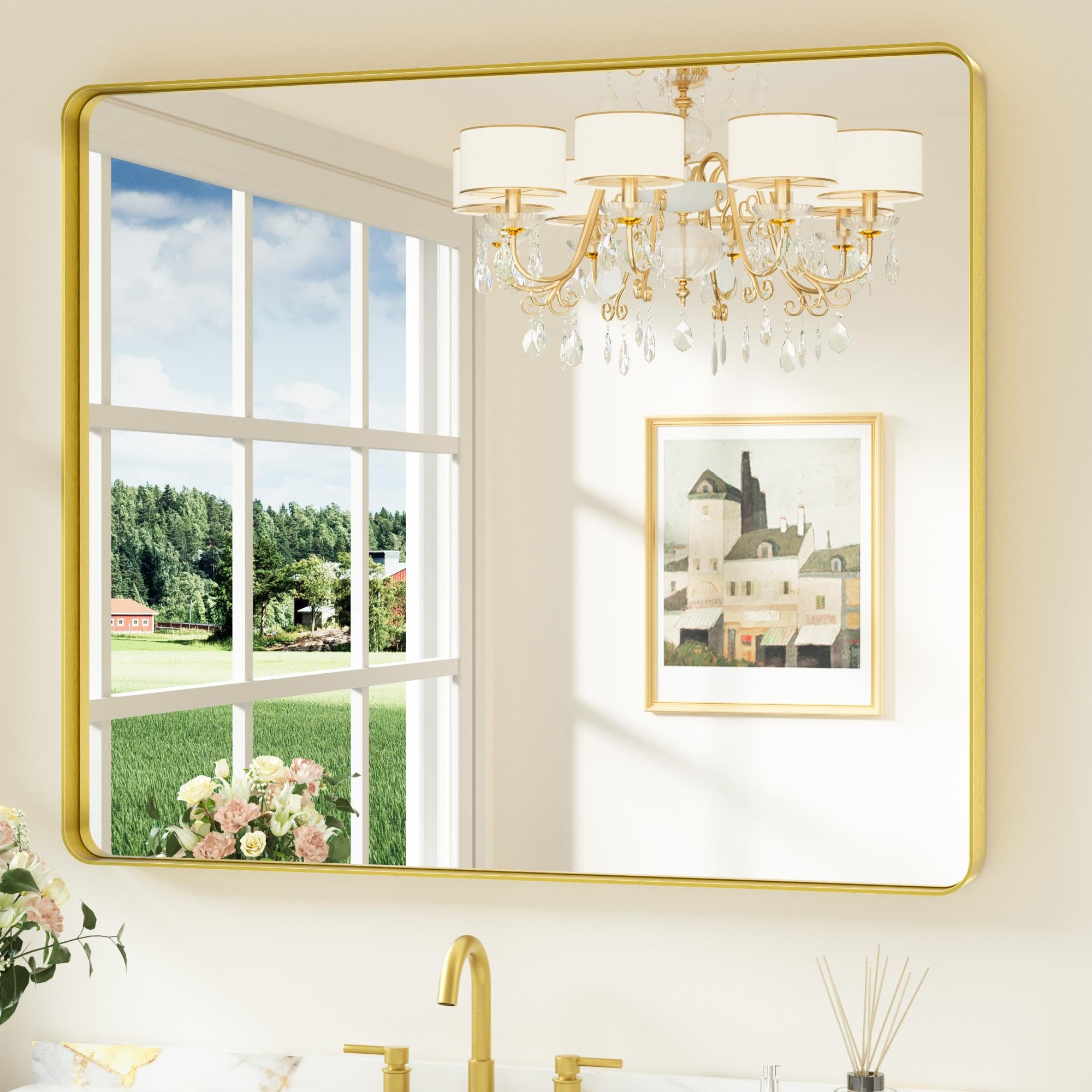 Keonjinn Gold Rectangular Bathroom Mirror 105x90cm, Wall Mirror Aluminium Metal Frame HD Glass Vanity Mirror for Bedroom Living Room Entryway Home Decor — image 1