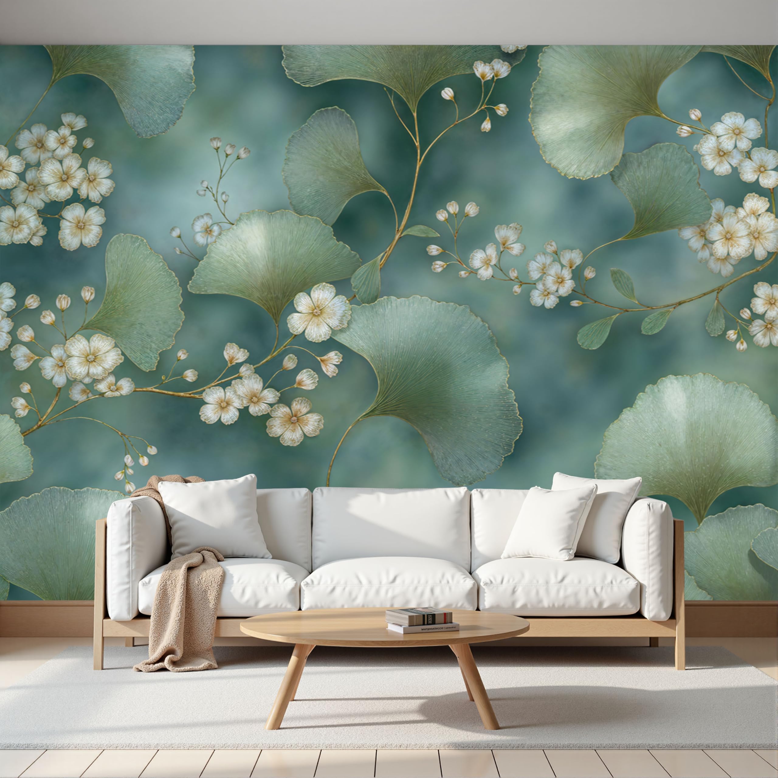 Papier peint fleurs blanches ginkgo 3D pour créer un salon nature et relaxant