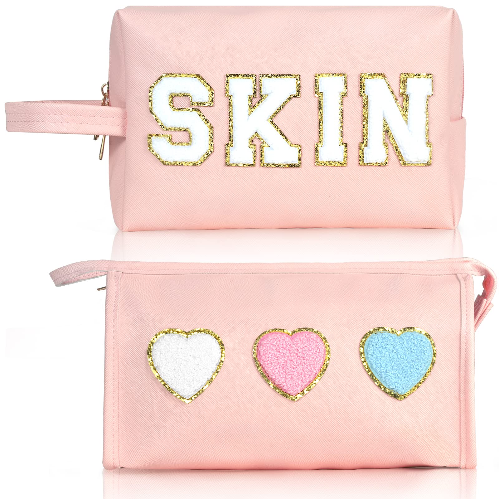 BYXEPA 2 Pack Makeup Bag Large Capacity Travel Cosmetic Bag PU Leather Make Up Bag Waterproof Makeup Pouches for Women (SKIN +Heart)
