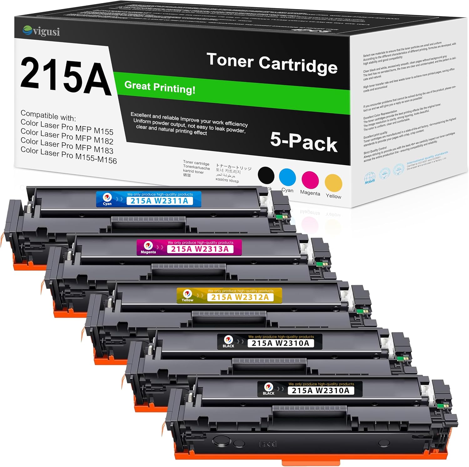 215A Toner Cartridges 5 Pack M182nw Toner Replacement for HP 215A W2310A Work with Color Pro MFP M183fw M182nw M183fdw M155dw M155nw Printer Ink 215A (2Black 1Cyan 1Yellow 1Magenta)