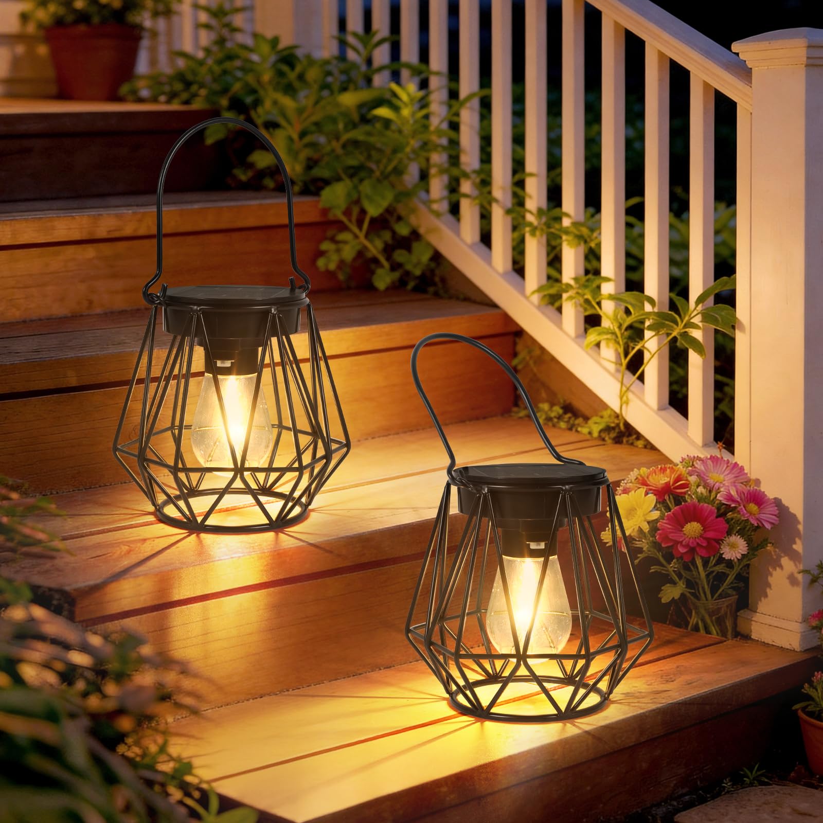 Kimjo Lampada Solare da Esterno Appendere/In Piedi, Impermeabili IP65 Lanterna Solare da Esterno, Lanterne Solari da Giardino a Forma di Esagonale, Luci Solari Decorative per Balconi Giardini Terrazze