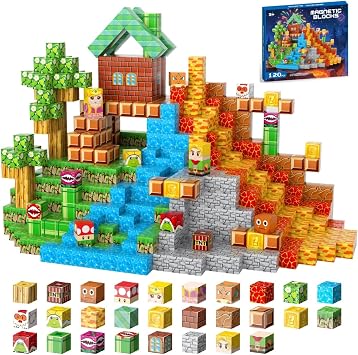 Magnetic Blocks, 120-Piece 0.8in Building Magnet Adventure Game Set, Stacking Building Blocks Cubes Magnets for Kids, STEM Sensory Creative Toys Games for Toddler Boys & Girls