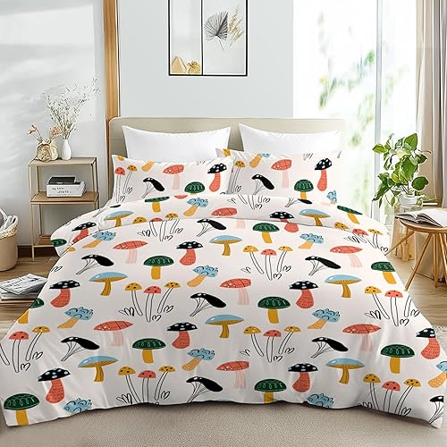 SOULZZZ Juego de funda de edredón de hongos florales tamaño individual, funda de edredón con diseño de hongos y fresas rojas, flores azules,