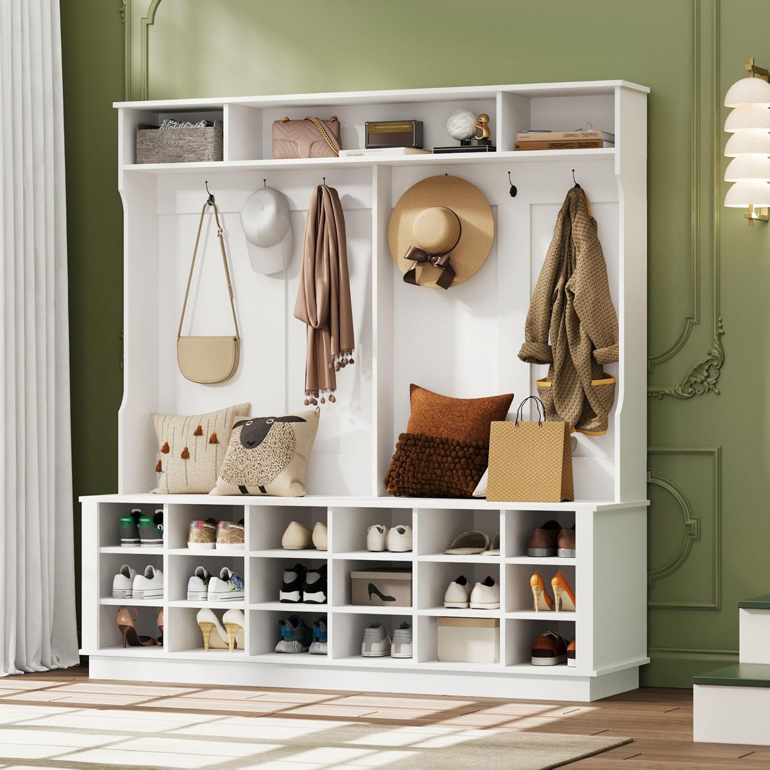 Lovinouse 67" Large Hall Tree with Storage Bench and Shoe Rack White, Standing Entryway Bench with 6 Coat Rack, 18 Shoe Cubbies & Top Storage,4-in-1 Modern Hall Tree for Hallway, Mud Room Organization