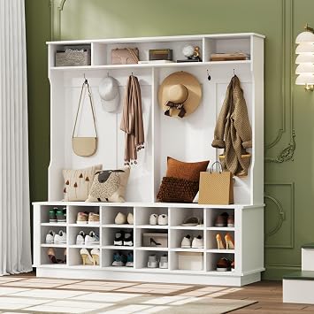 67" Large Hall Tree with Storage Bench and Shoe Rack White, Standing Entryway Bench with 6 Coat Rack, 18 Shoe Cubbies & Top Storage,4-in-1 Modern Hall Tree for Hallway, Mud Room Organization