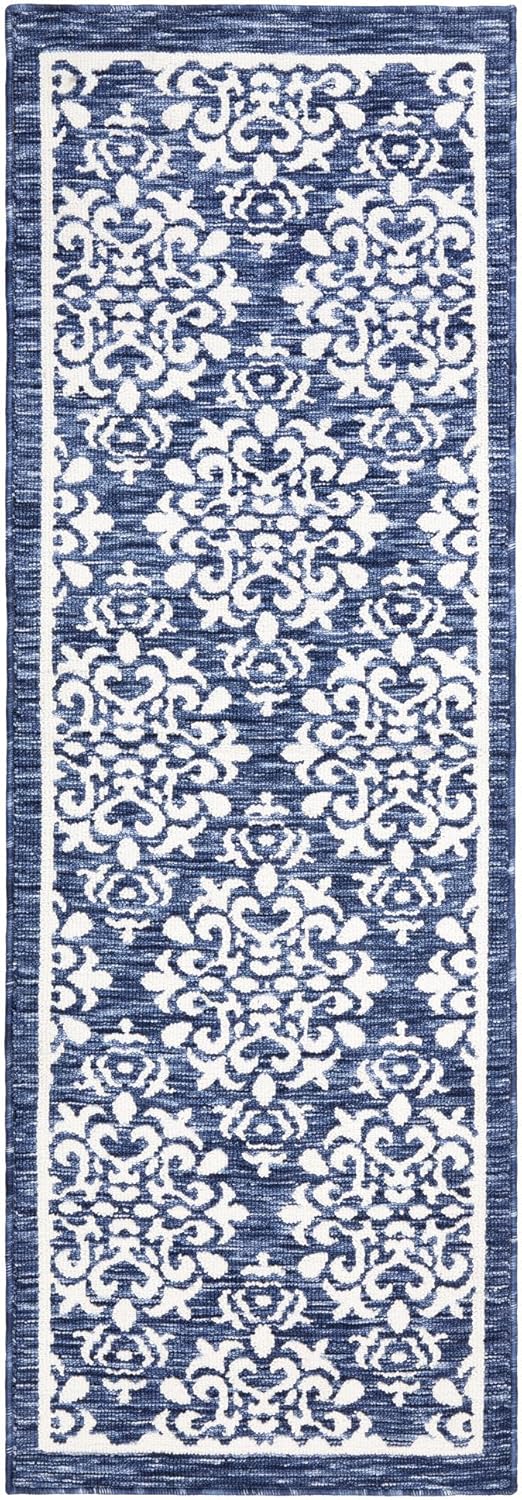 TOWN & COUNTRY EVERYDAY Walker Damask Medallion Everwash™ Washable Multi-Use Decorative Rug, Tufted Kitchen Runner Rug, Low-Profile Door Mat, Bath Rug with Non-Slip Backing, Navy Blue, 24"x72"