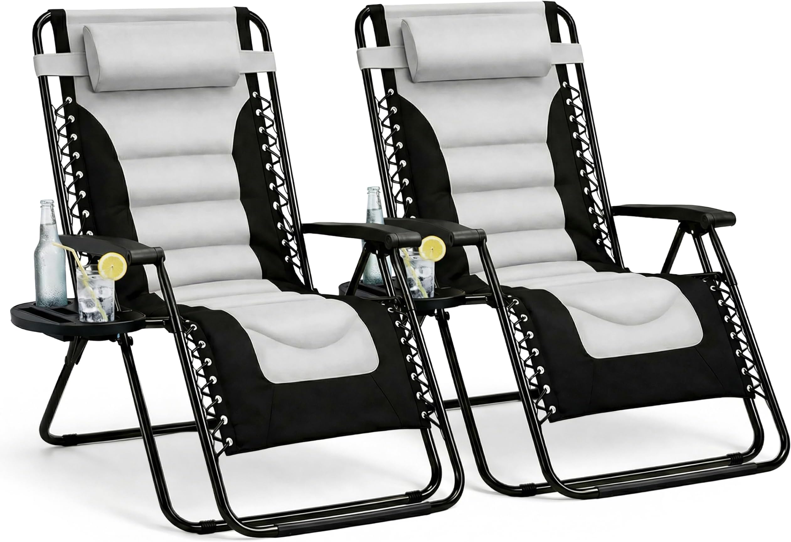 Straame XXL Padded Zero Gravity Chairs Set of 2, Folding Reclining Garden Chairs, Camping Chair Sun Loungers, Lockable 160ยฐ Patio Recliners with Adjustable Headrest (Padded, Grey)