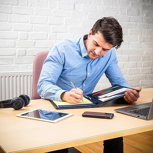 Miniatura 8 de Portafolio de cuero organizador profesional Padfolio - Carpeta de currículum con bolígrafo de lujo, elegante folio de documentos para escribir