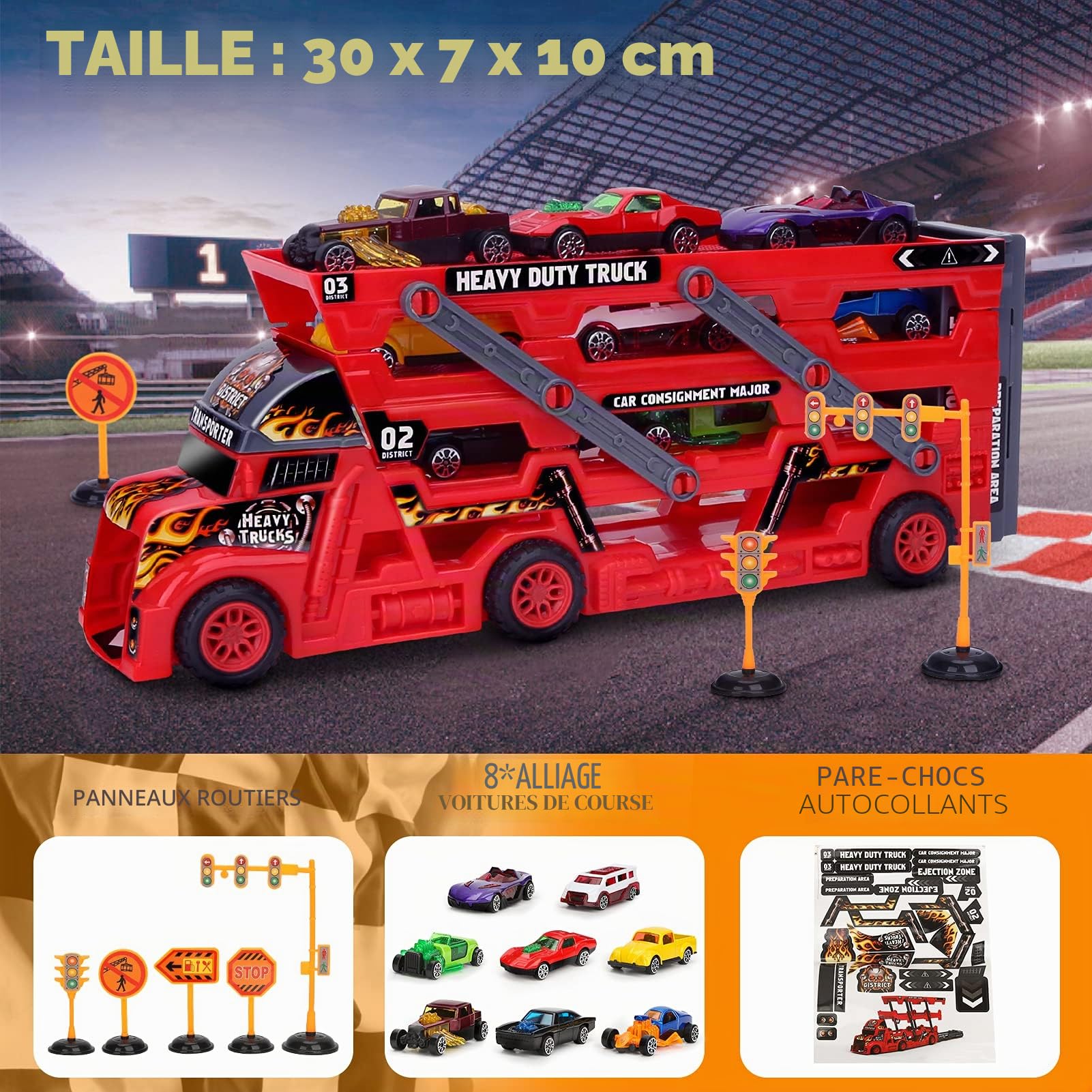 Camion de Transport Voiture Enfant avec Petite Voiture, Panneaux Route, Cadeau Camion Jouet pour 3 4 5 Ans Garcon (Rouge)